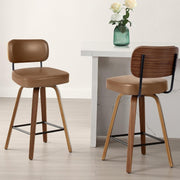 Brown PU Leather Swivel Bar Stools Set of 2 | Wooden Counter Chairs