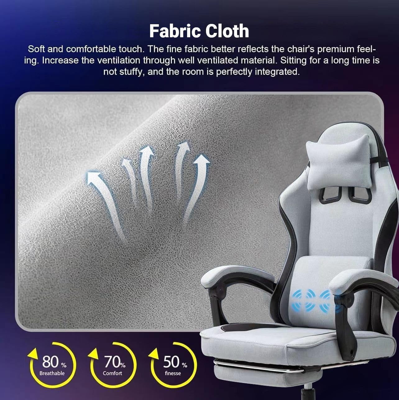 Fabric Gaming Chair Massage Recliner Footrest Ergonomic Adjustable Grey