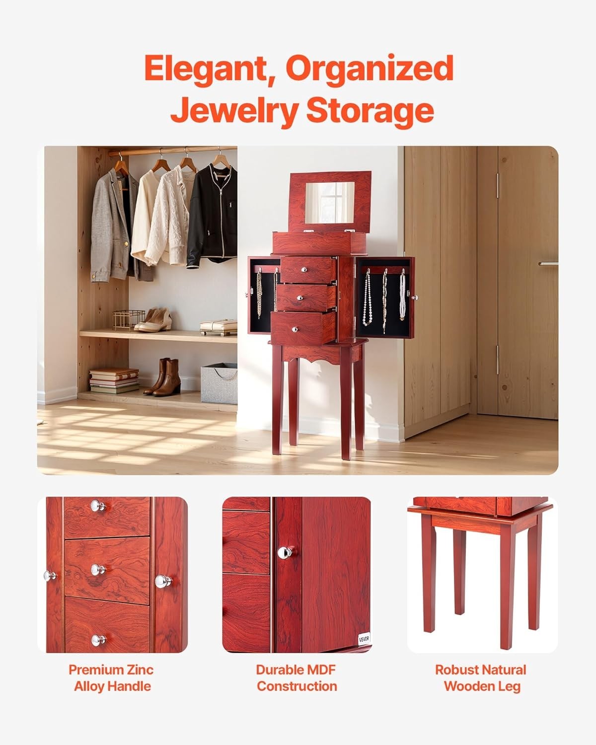 Standing Wood Jewellery Armoire with Drawers Flip Top Mirror Storage