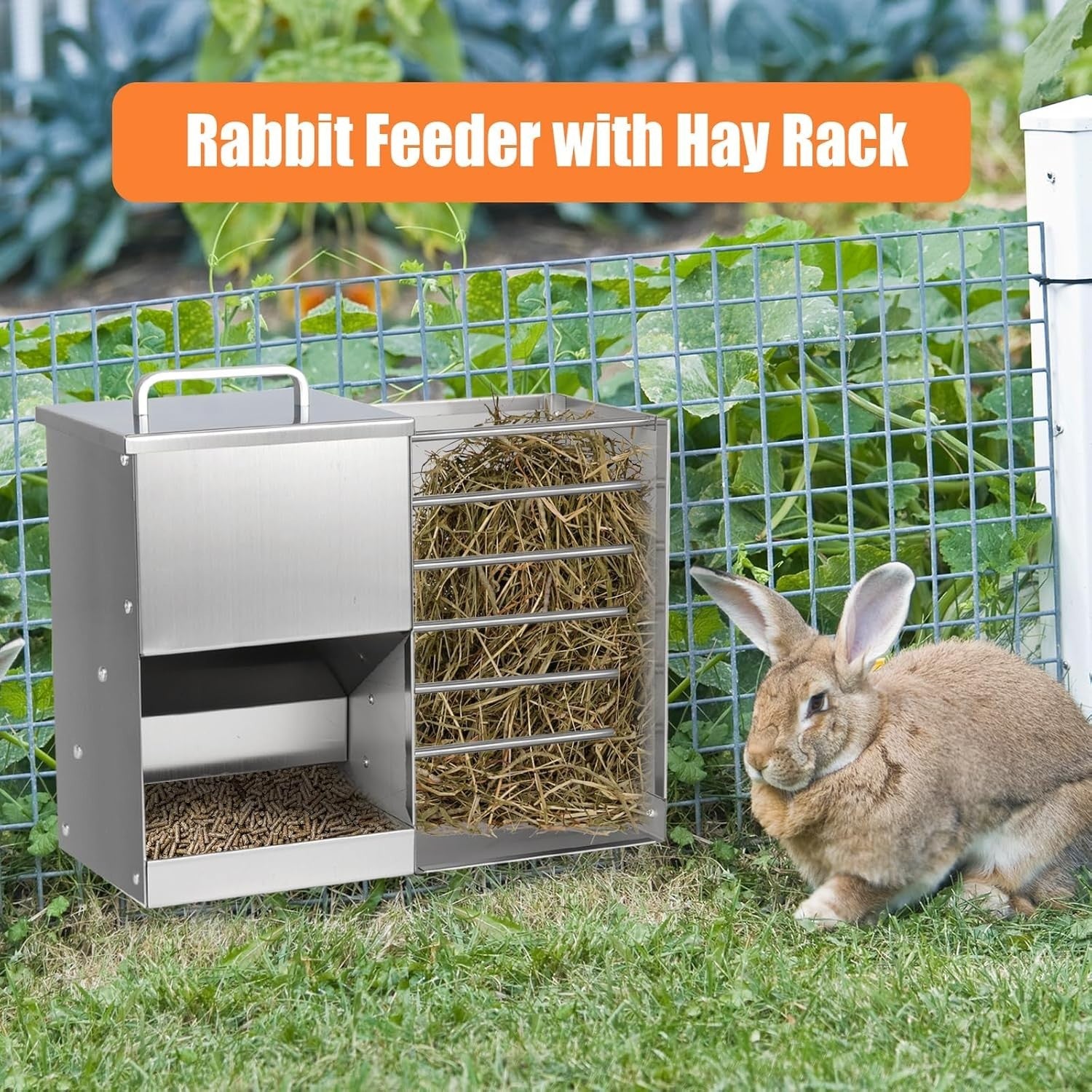 2 in 1 Rabbit Feeder Hay Rack Water Bottle Stainless Steel Food Dispenser