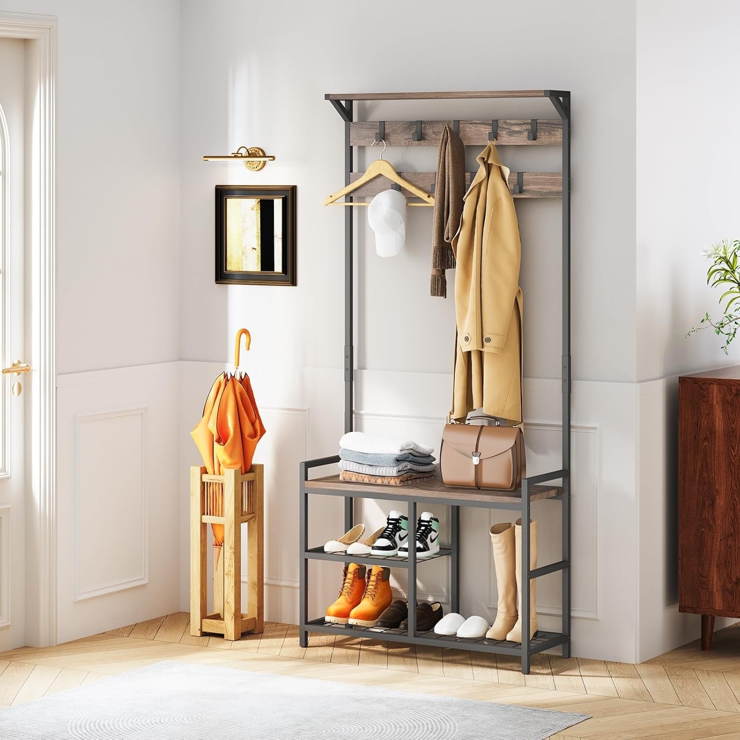 Industrial Coat Rack with Shoe Bench & 9 Hooks | Vintage Brown Hall Tree