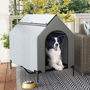 Outdoor Elevated Dog House with Canopy, 2 Top Windows & Breathable Bed