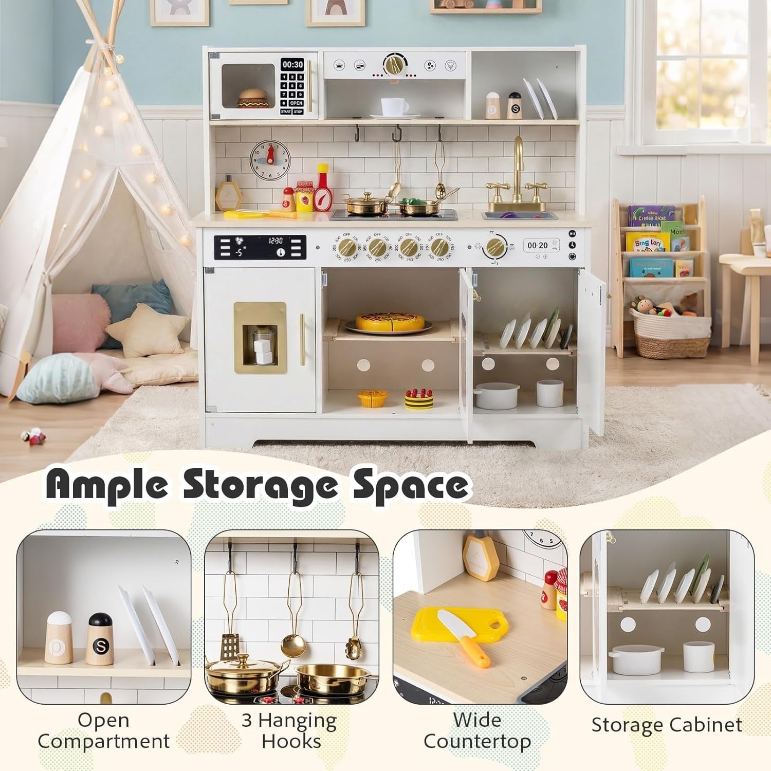 Wooden Kids Play Kitchen White Lights Sounds Coffee Maker Toy Set