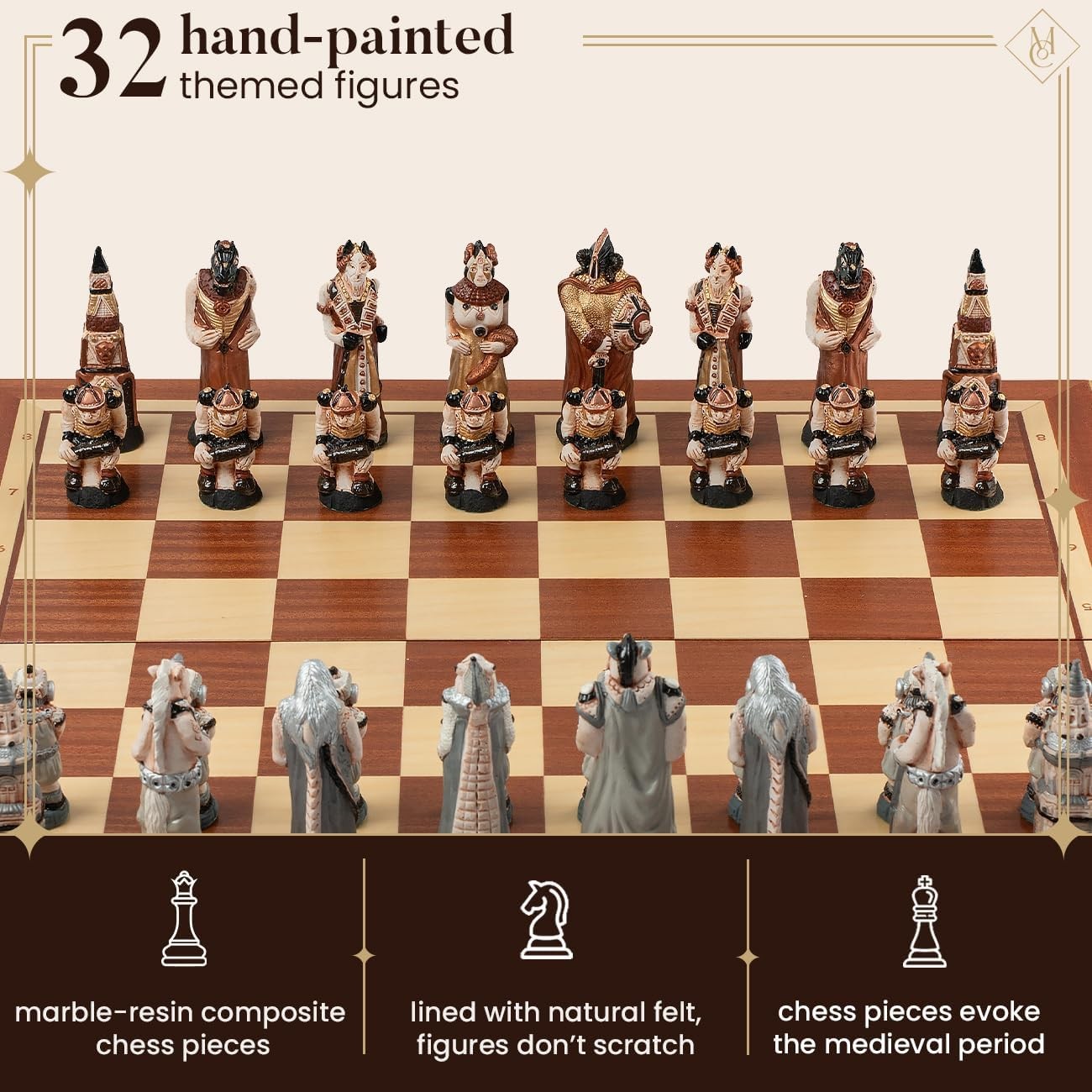 58cm Medieval Fantasy Chess Set | Stone Figures & Inlaid Wooden Board | Handcraf