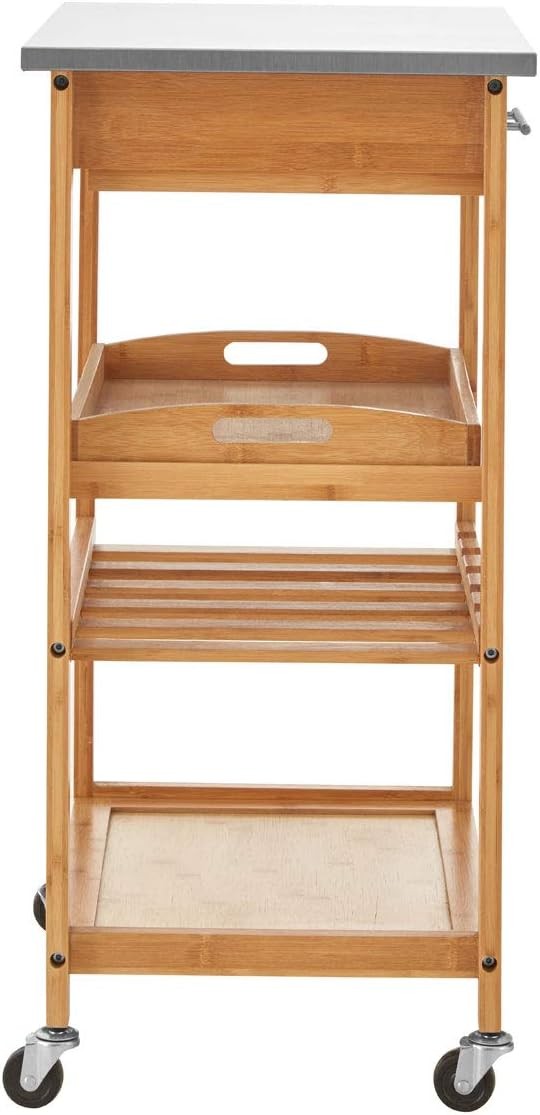 Wooden Kitchen Trolley Rolling Storage Cart Bamboo Shelves Drawer Wheels
