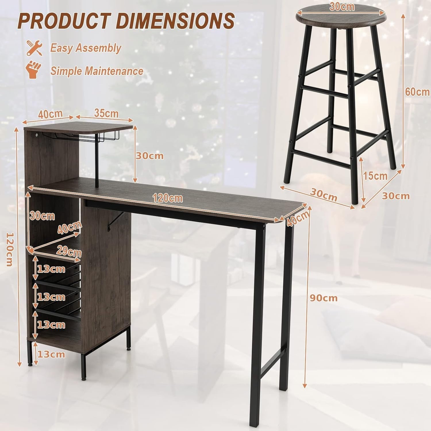 Brown Bar Table Set with Stools, Wine Rack, Glass Holders & Storage Shelves