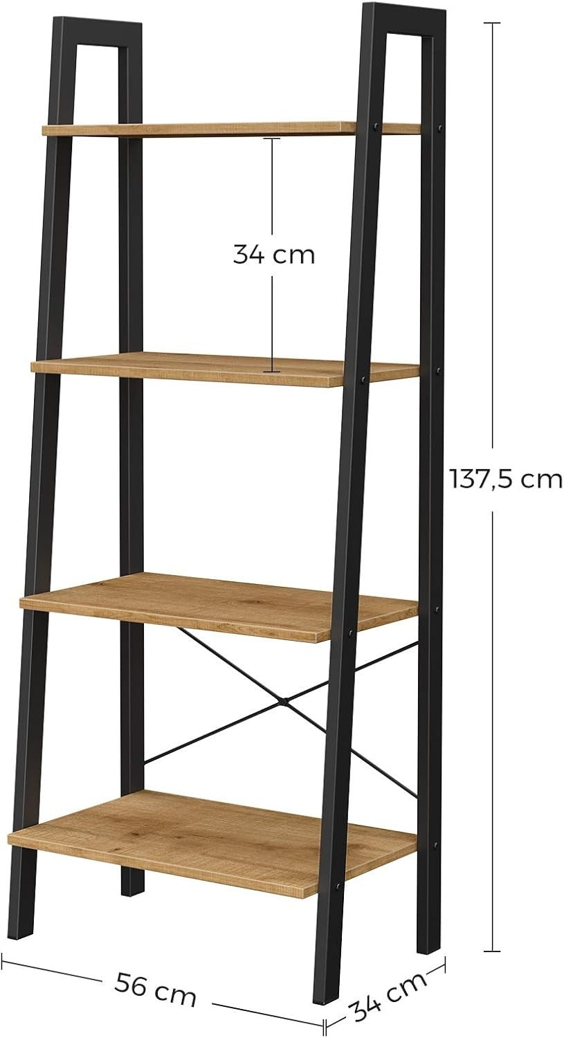4-Tier Ladder Shelf Industrial Bookshelf Freestanding Storage Unit Honey Brown