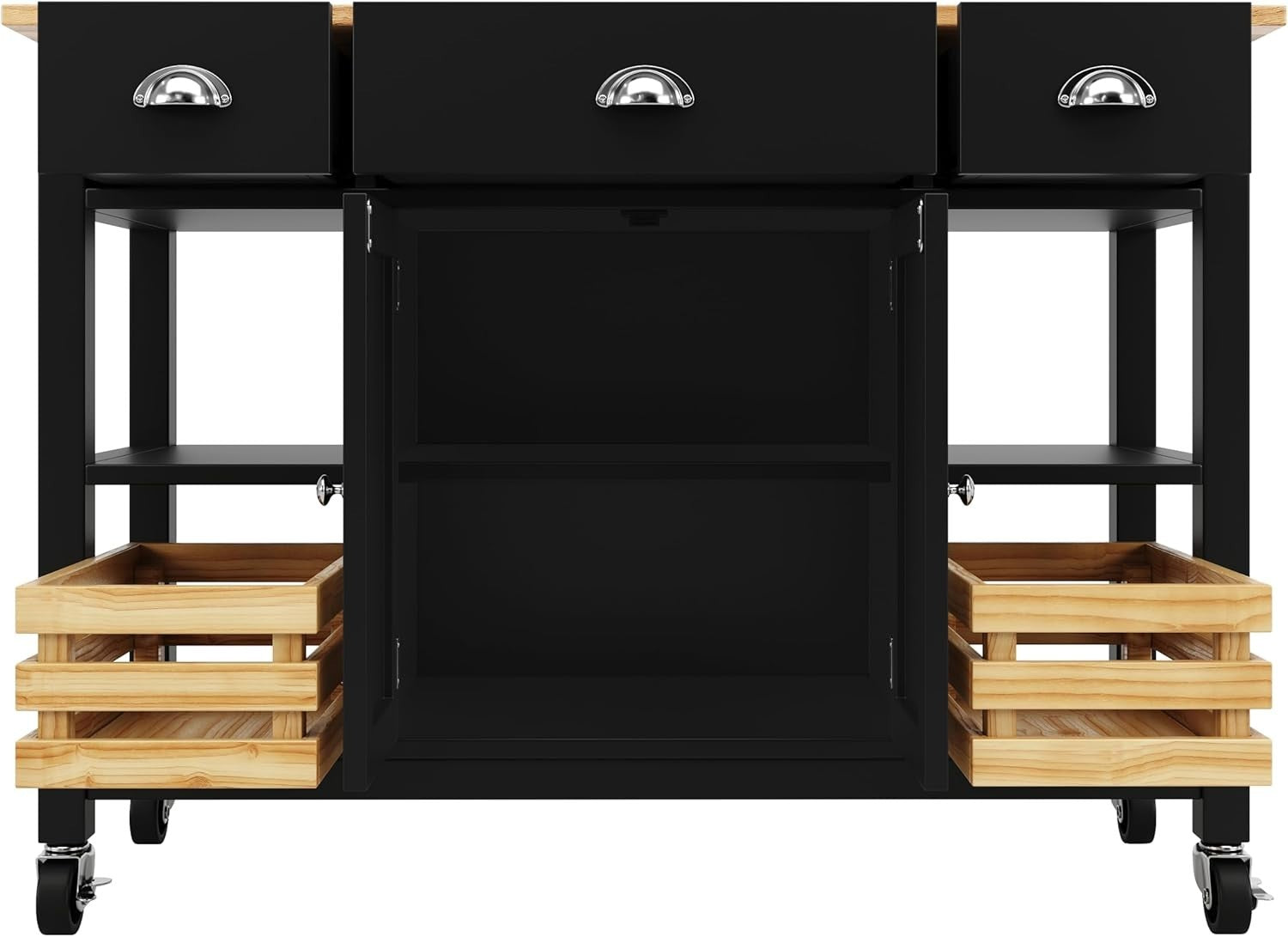 Black Rolling Kitchen Island with Foldable Sideboard, Drawers & Cabinet