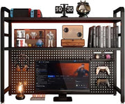 2-Tier Desk Bookshelf Organizer w/ Pegboard | Black Metal Desktop Shelf 115cm
