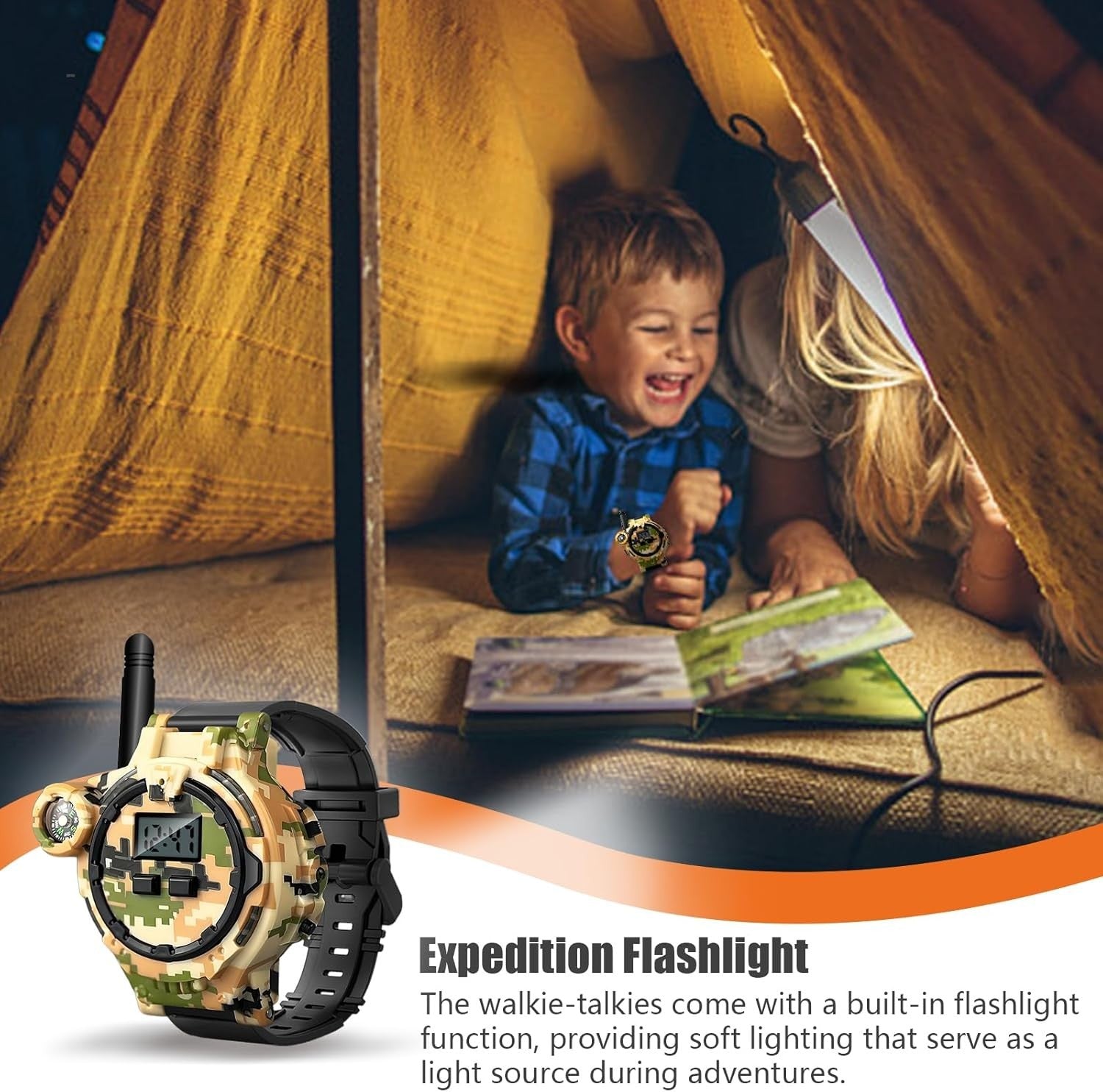 Kids Rechargeable Walkie Talkies 2 Pack Orange Camo Long Range Radio Toy