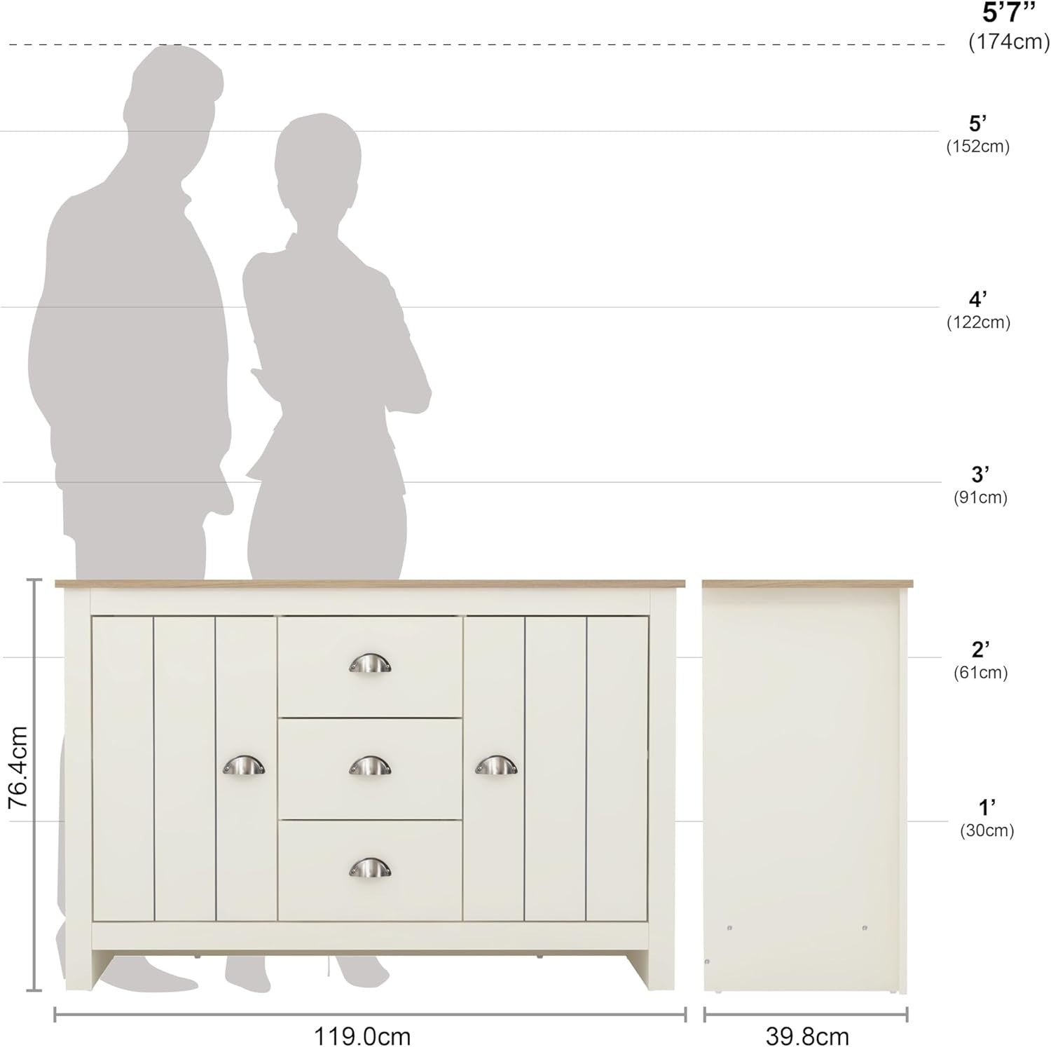 Modern Storage Sideboard Cabinet 2 Doors 3 Drawers Ivory Oak Finish