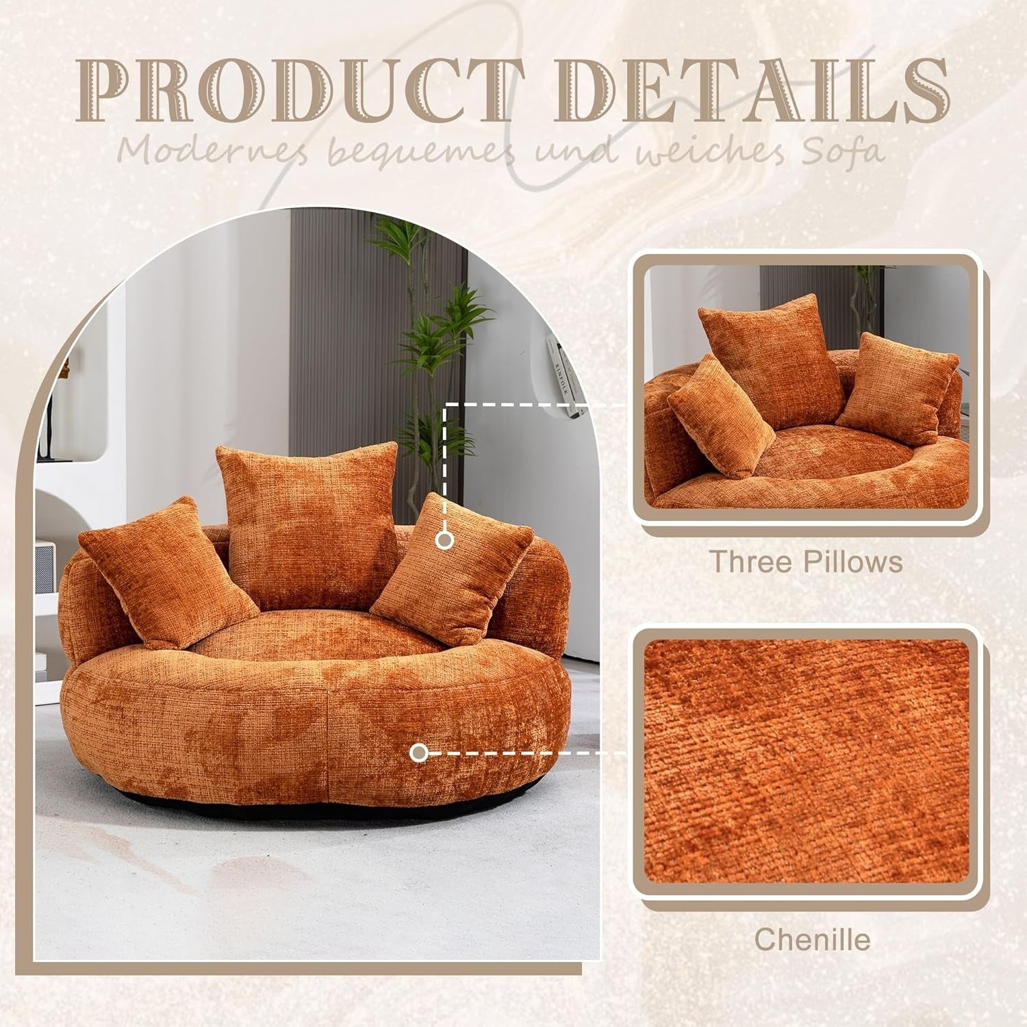 XL Bean Bag Chair Sofa for Adults – Plush Gaming Seat w/ 3 Pillows, Orange