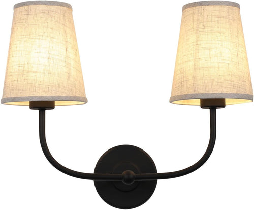 Black 2-Light Wall Sconce Linen Shades Vintage Bedroom & Bathroom Lamp