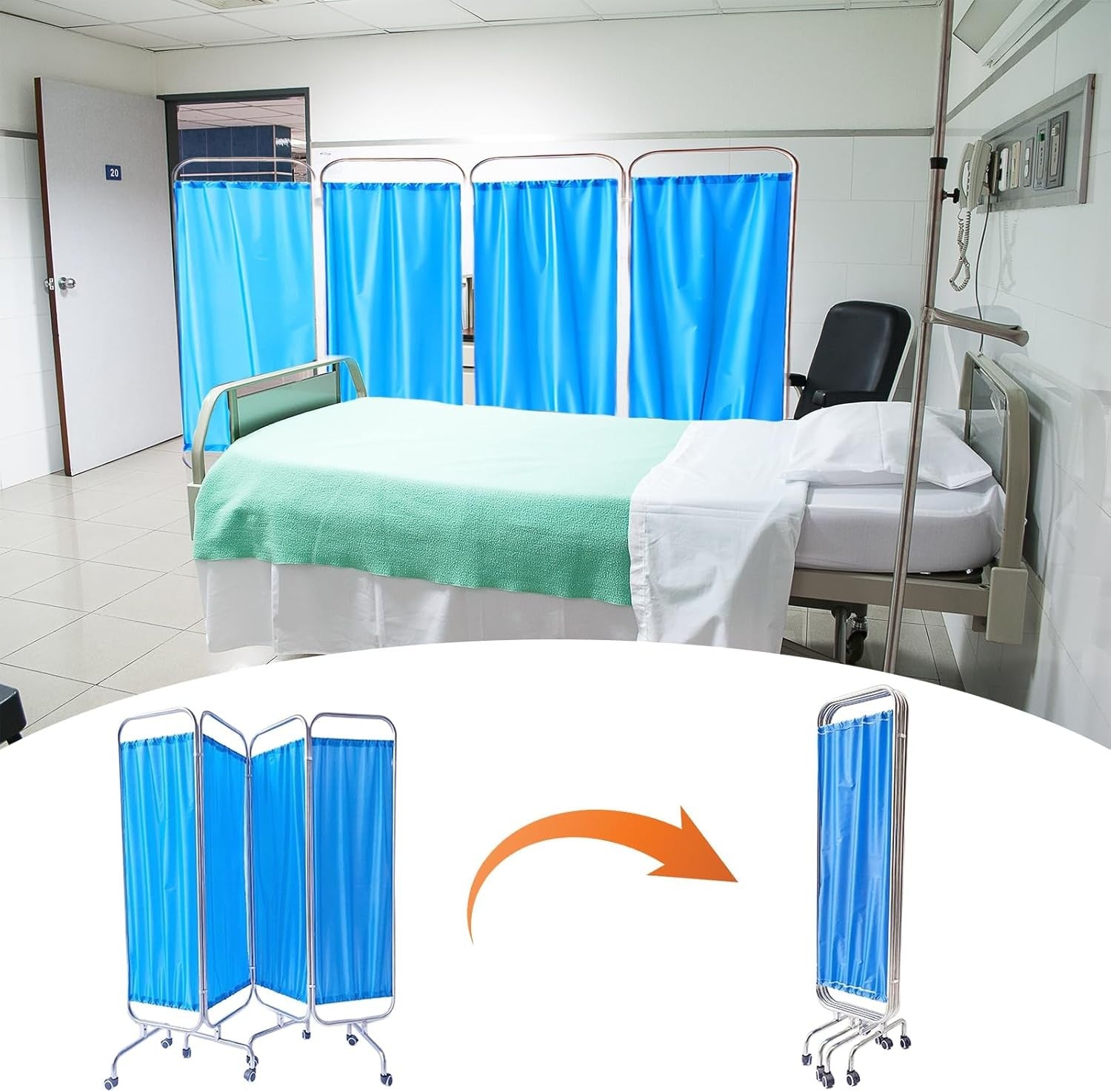 3 Panel Medical Privacy Screen on Wheels Stainless Steel Folding Hospital Divide