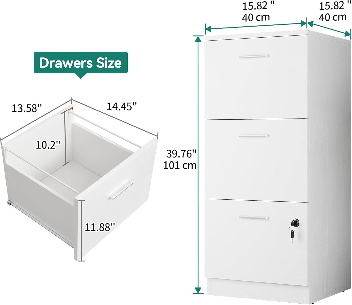 White 3-Drawer Lockable File Cabinet 40×40×101cm A4 Vertical Storage