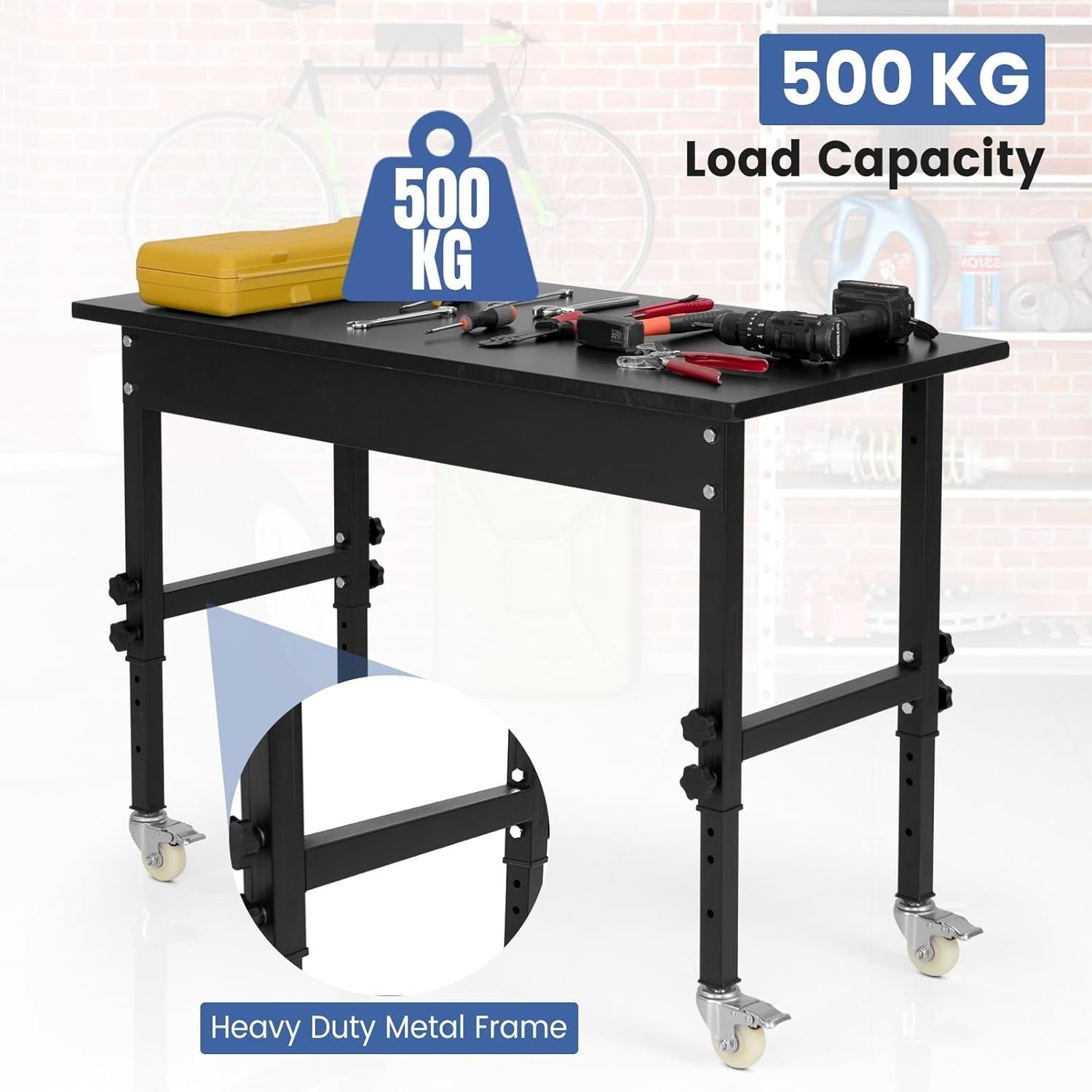 Adjustable Rolling Workbench Bamboo Top 500kg Heavy Duty 120x60 Locking Wheels