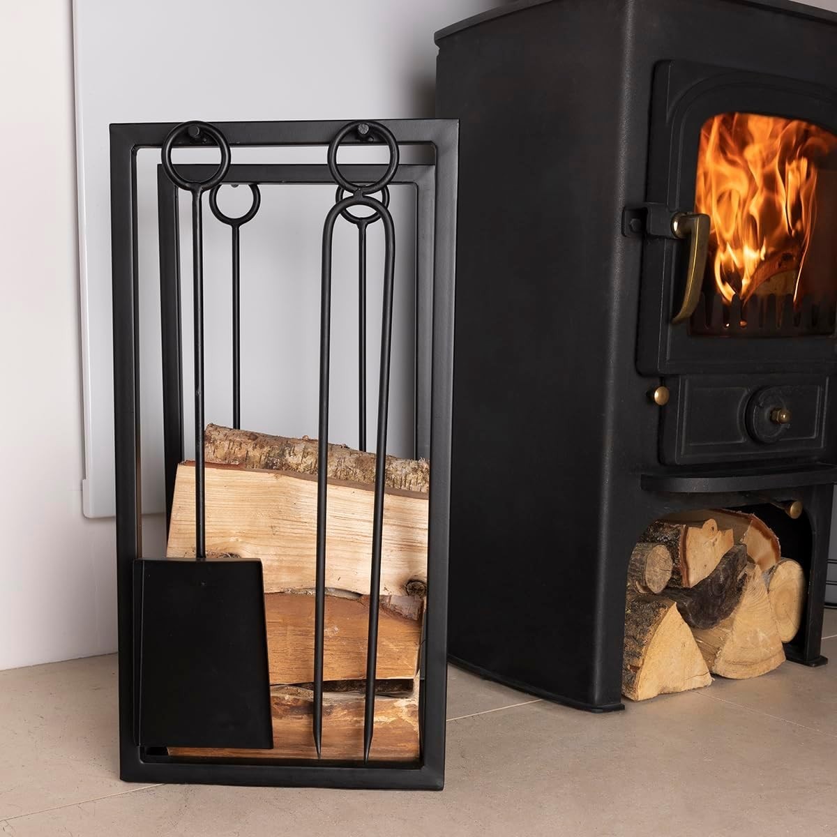 Heavy Duty Fireplace Tool Set with Log Holder & Brush – 60x37x30cm