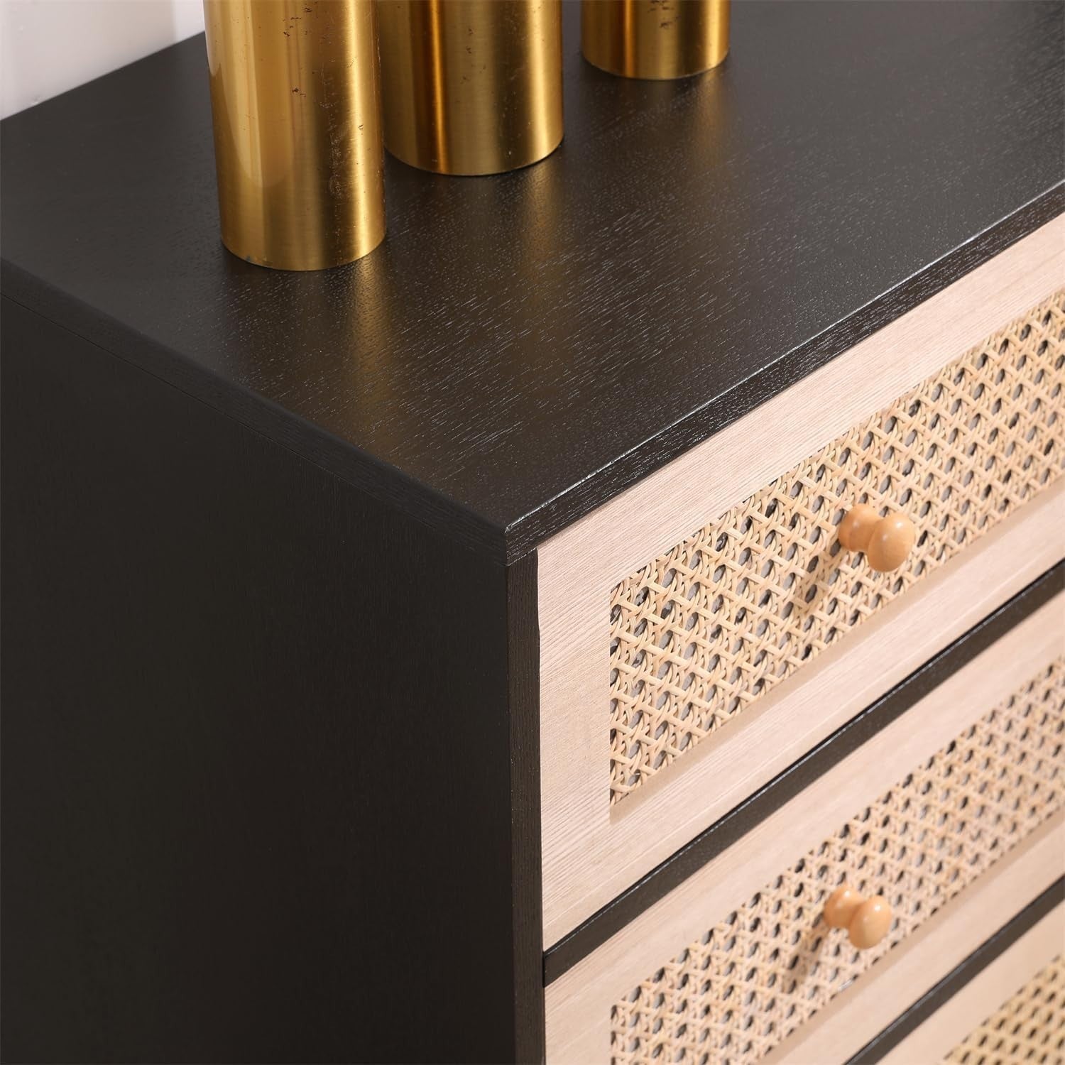 Black Frame Rattan Chest 3 Drawer Storage Cabinet Wood Dresser 80cm