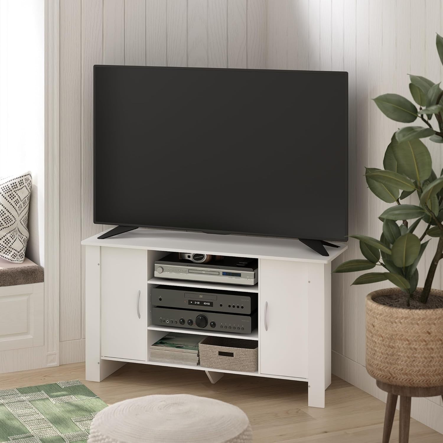 White TV Stand Cabinet Unit for 50" Flat Screen, Storage Doors Shelves