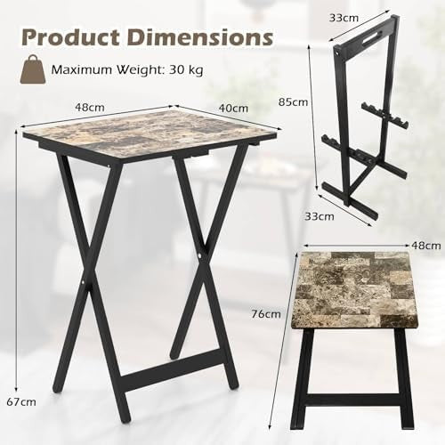 Set of 4 Folding Tray Tables with Rack Portable Faux Marble TV Snack Tables