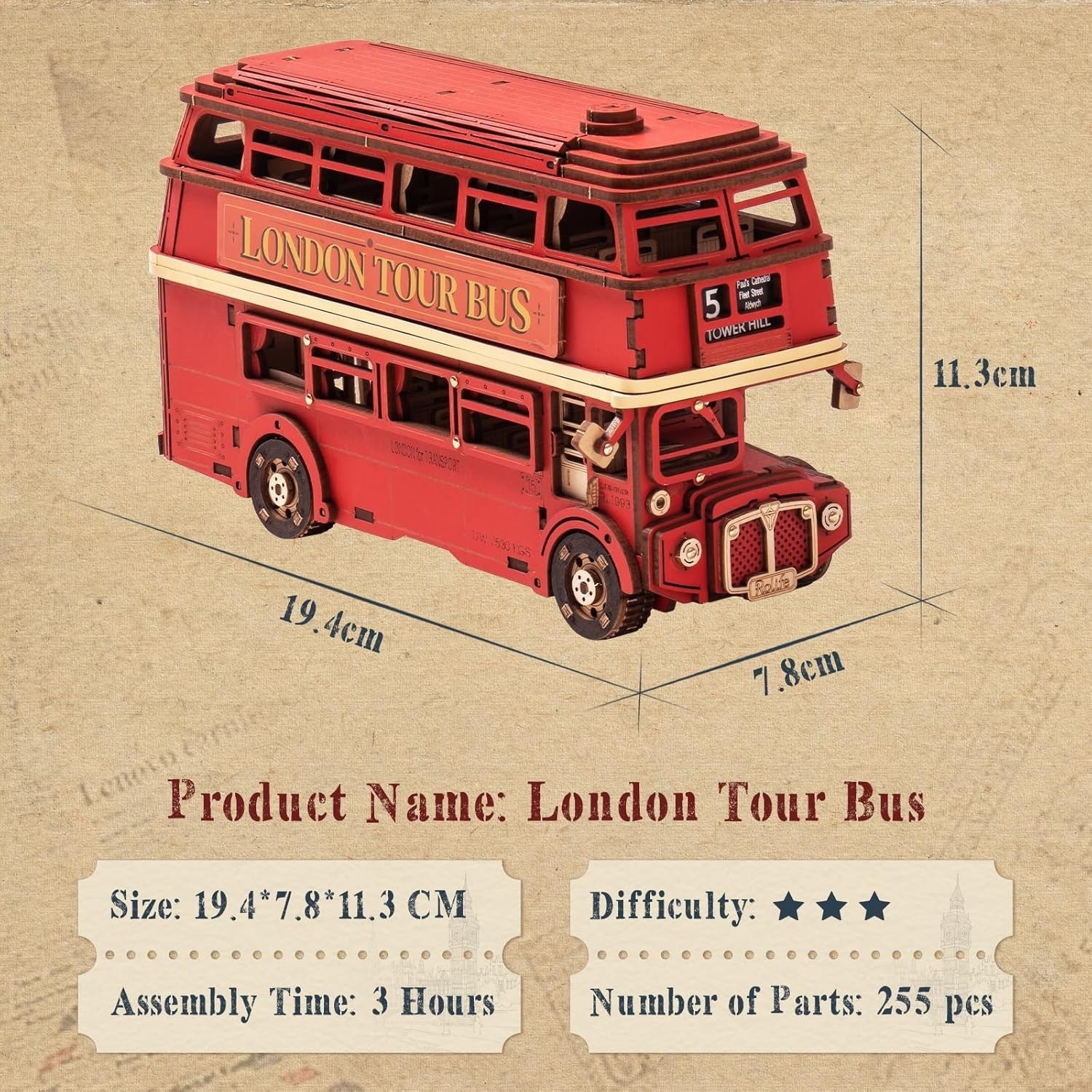 3D Wooden London Bus Model Kit DIY Puzzle for Adults Gift Home Decor