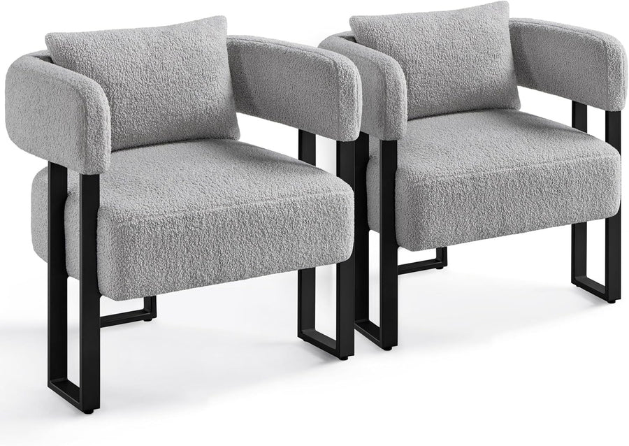 Boucle Tub Accent Chairs Set of 2 Grey Upholstered Armchairs