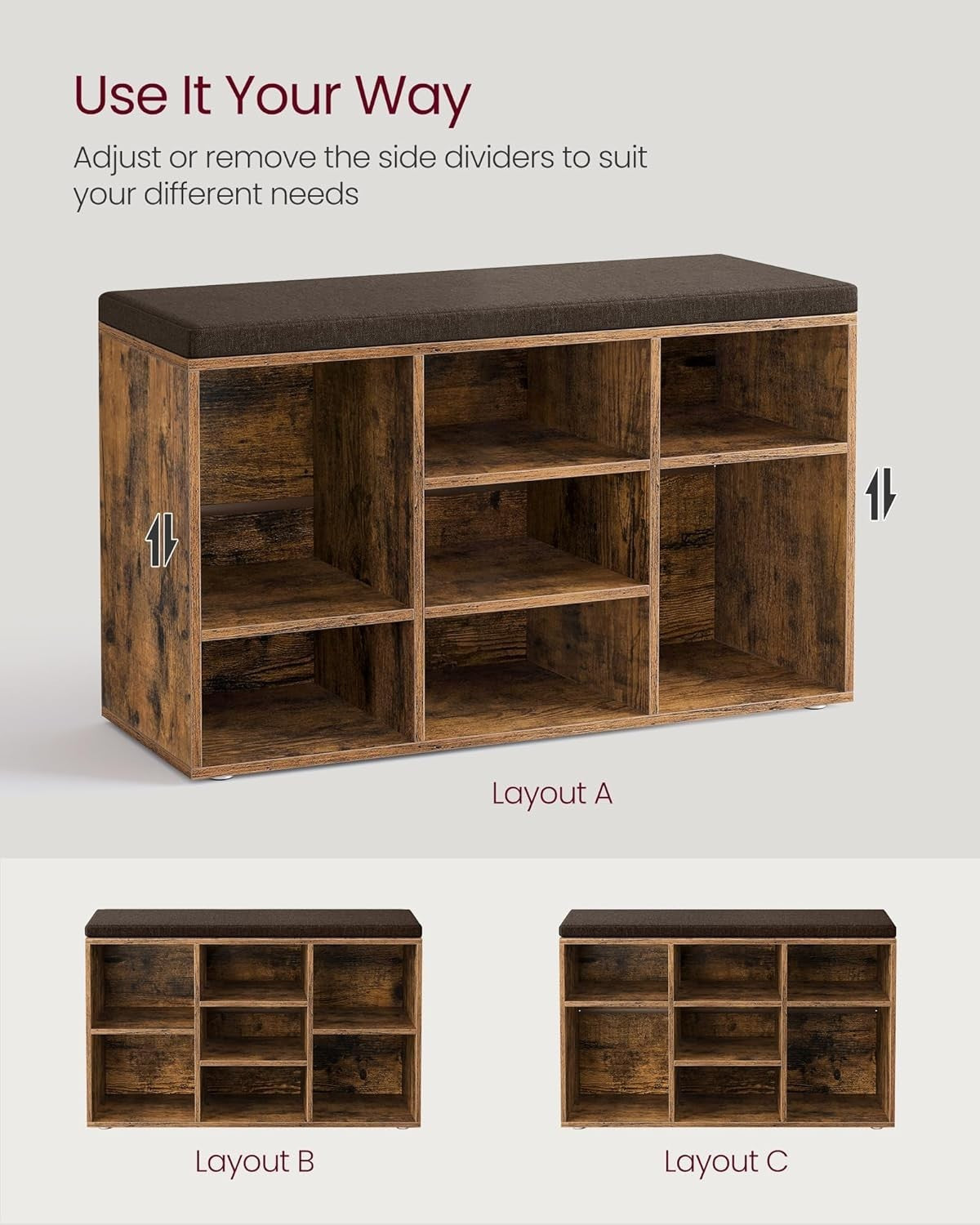 Rustic Shoe Storage Bench with Cushion – 9 Compartment Hallway Organiser 78cm