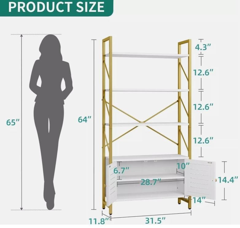 Modern 5 Tier Bookcase Storage Unit Display Rack with Cabinet Gold Frame