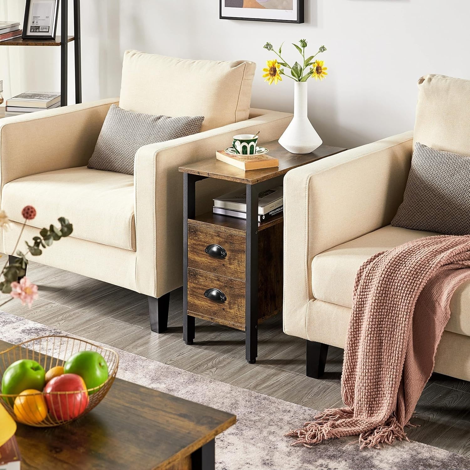 Slim Bedside Table with Drawers & Shelf for Small Spaces – Rustic Storage