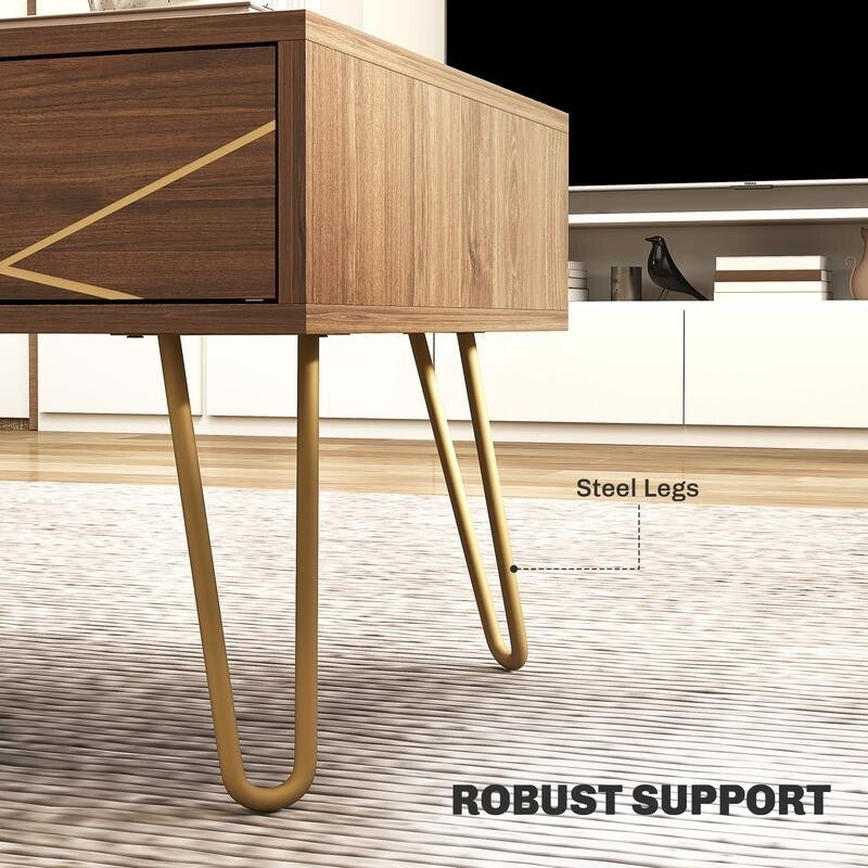 Modern Coffee Table with Storage Drawers & Gold Legs – 100cm, Brown