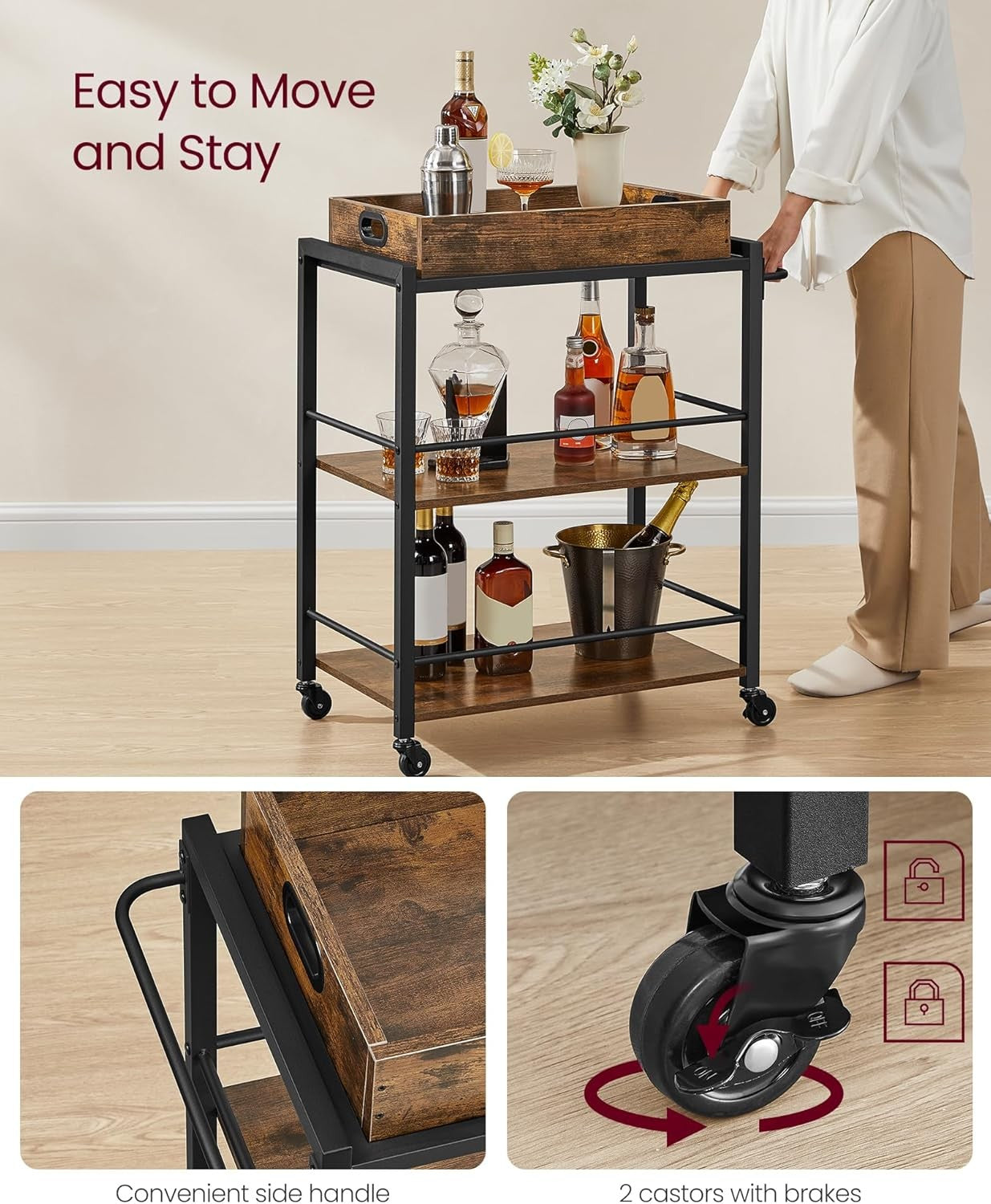 Kitchen Serving Cart on Wheels 3 Tier Utility Trolley with Removable Tray