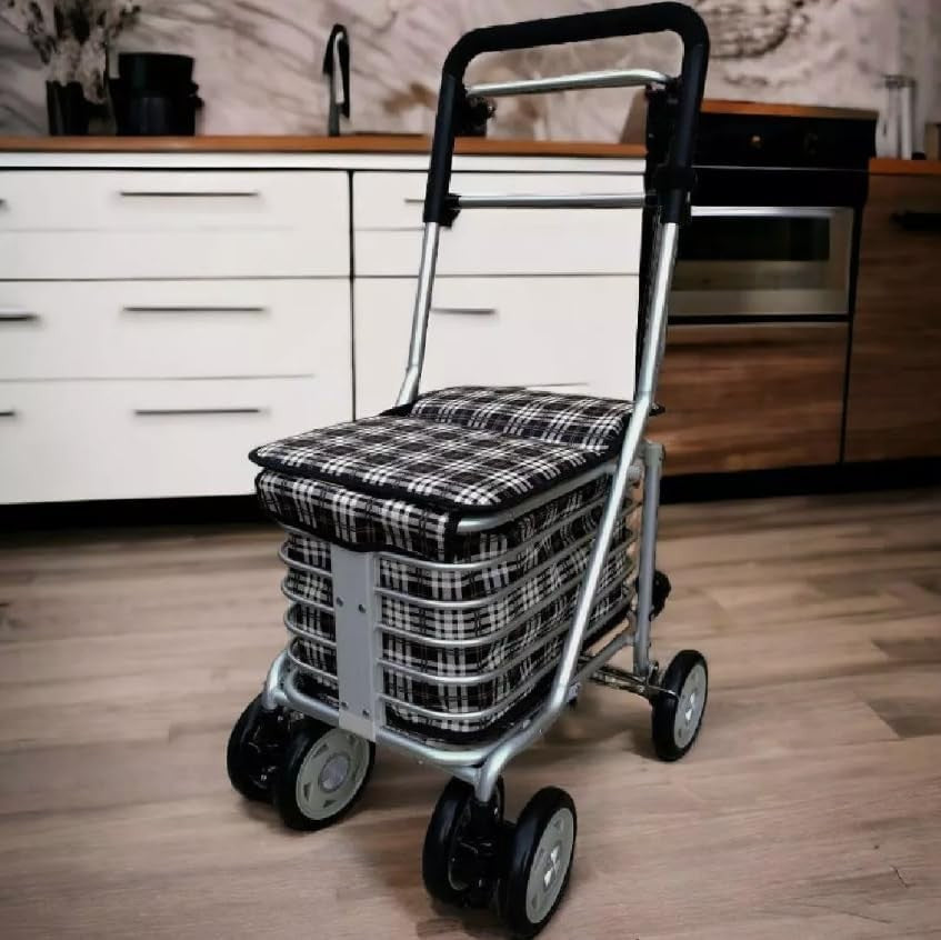 6 Wheel Shopping Trolley with Seat Adjustable Handle Brake Foldable Heavy Duty