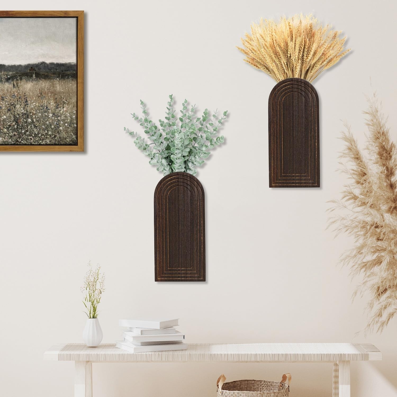Wooden Wall Vase Set of 2 Dark Brown Farmhouse Entryway Hanging Decor