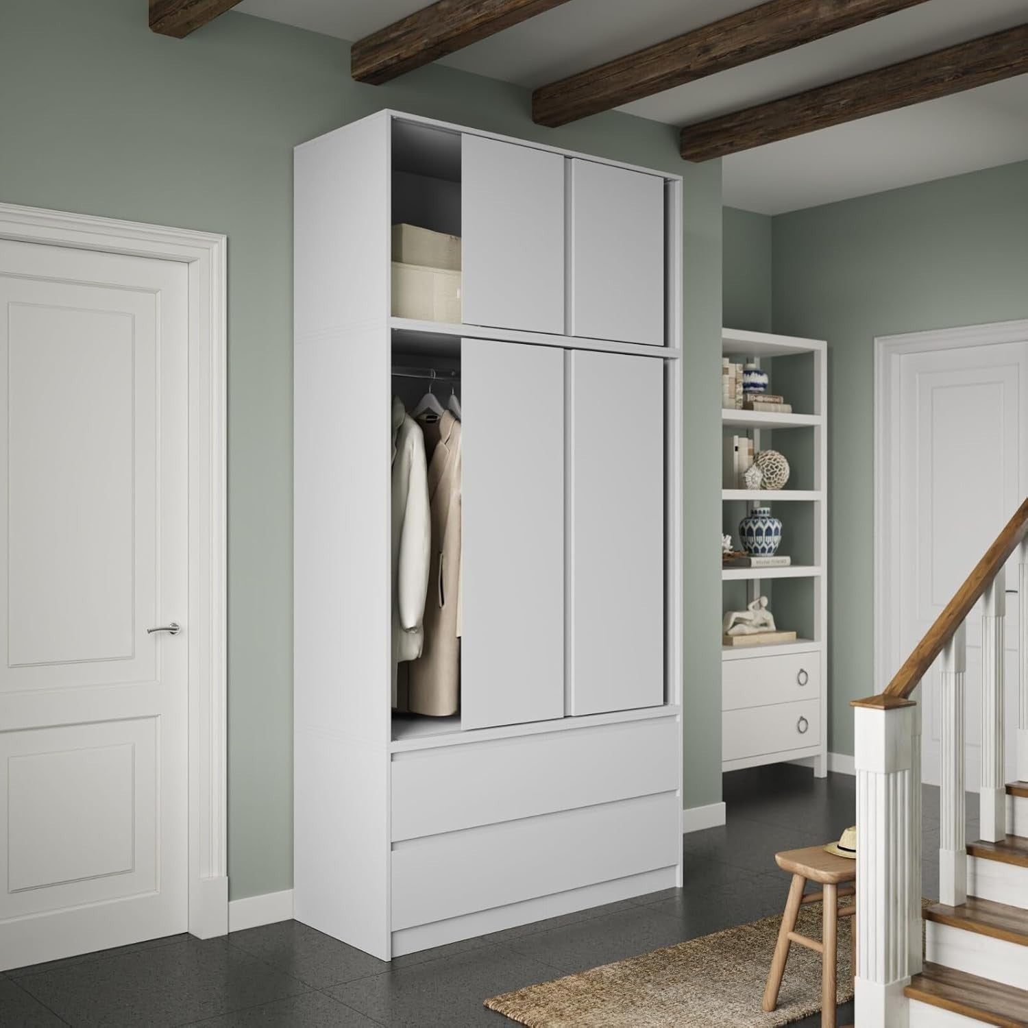 White Sliding Wardrobe 240cm 6 Doors 4 Drawers Bedroom Closet Storage Unit