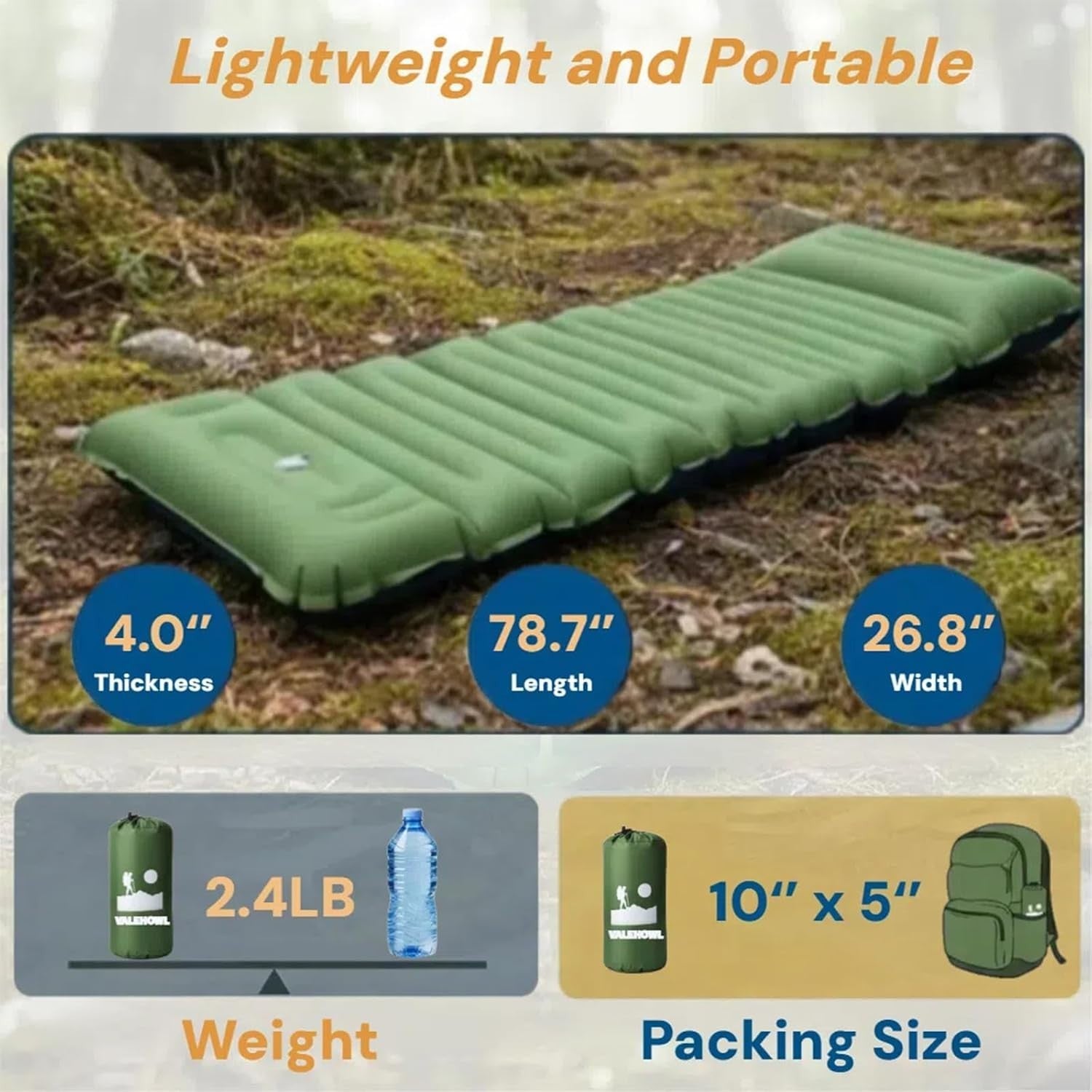 4in Inflatable Camping Sleeping Mat R4 Insulated Lightweight Hiking Pad