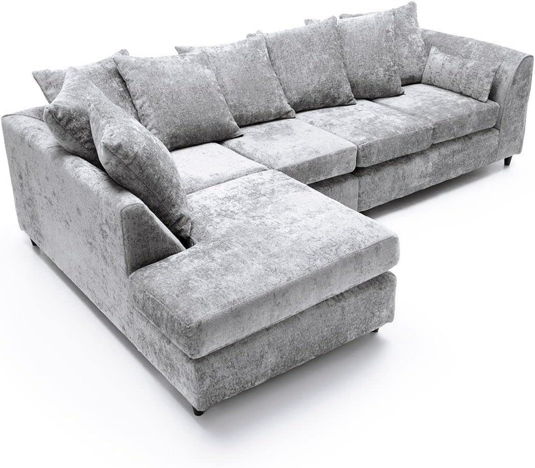 Light Grey L Shape Sofa 5 Seater – LH Corner Chenille Couch with Footstool