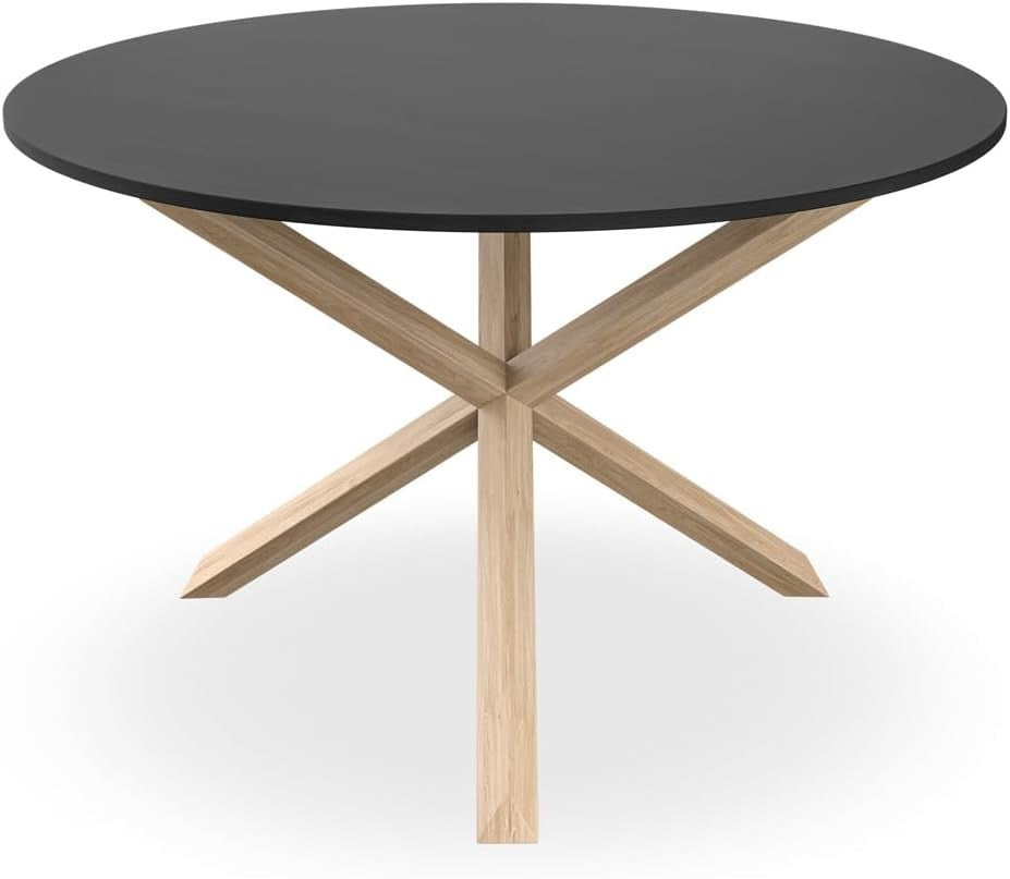 120cm Round Black Glass Dining Table with Solid Oak Legs 4–6 Seater Table