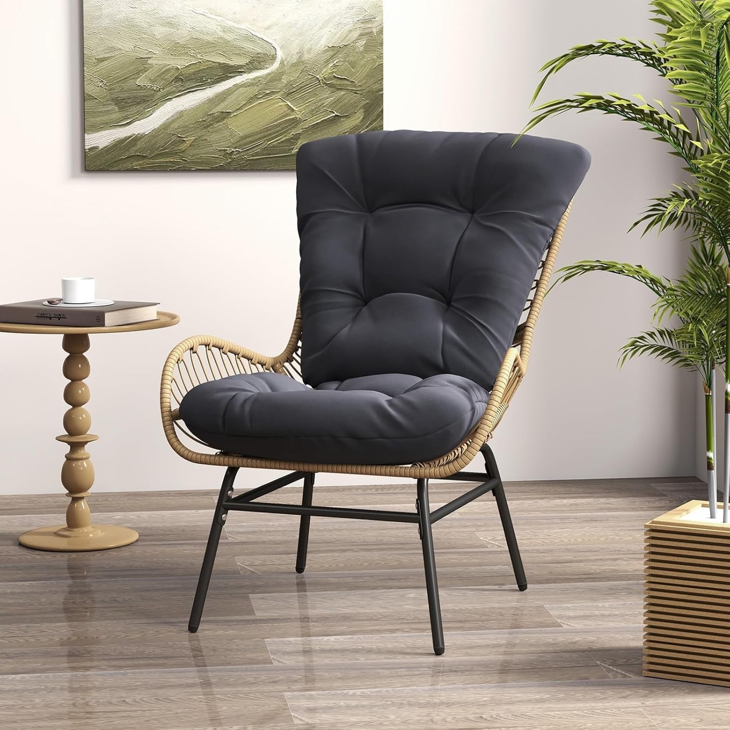 Cushioned Rattan Garden Armchair Lounge Seat Metal Frame Patio Balcony