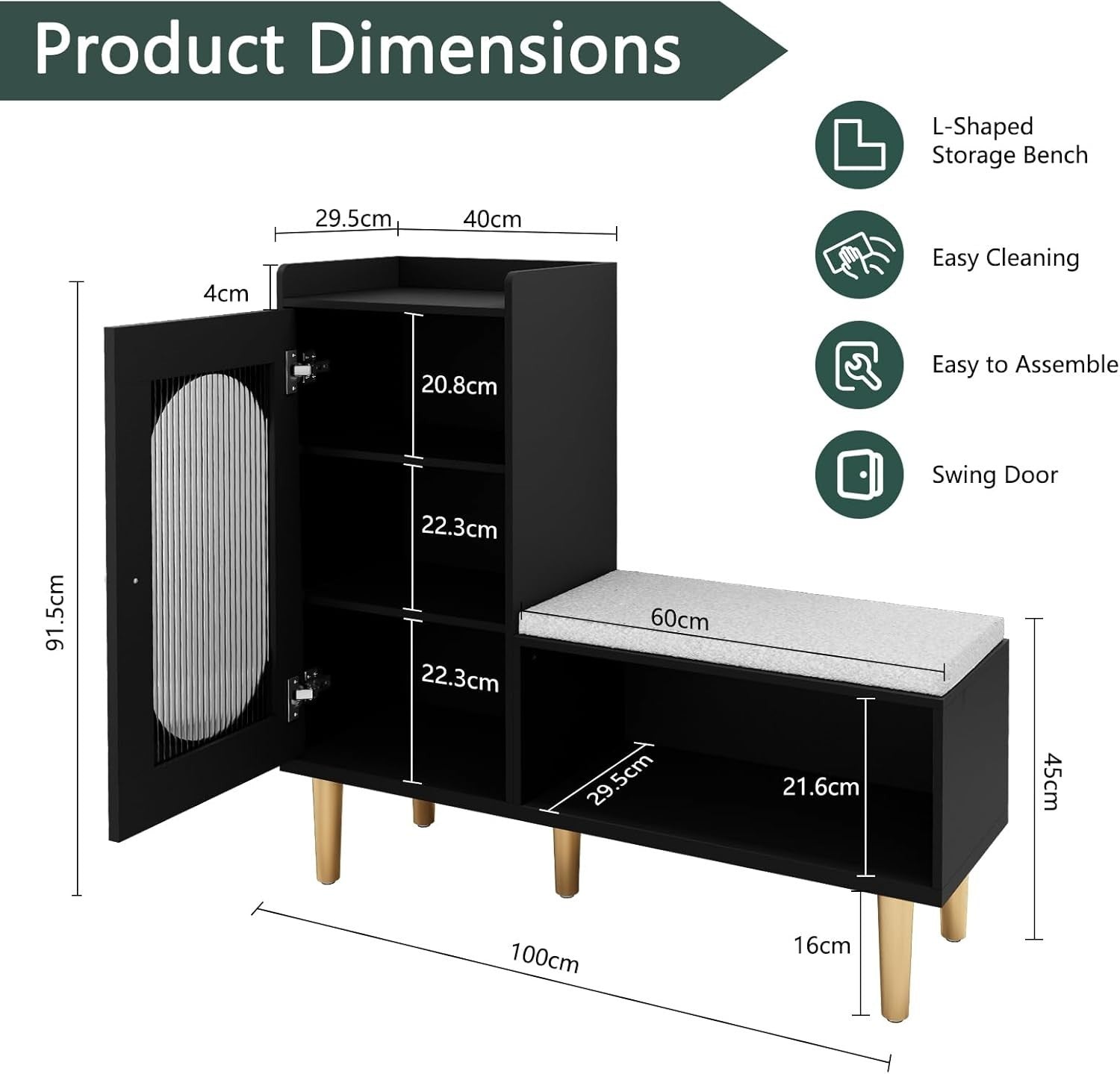 Black Shoe Storage Bench with Cushion & Glass Door Cabinet 100x29.5x91.5cm