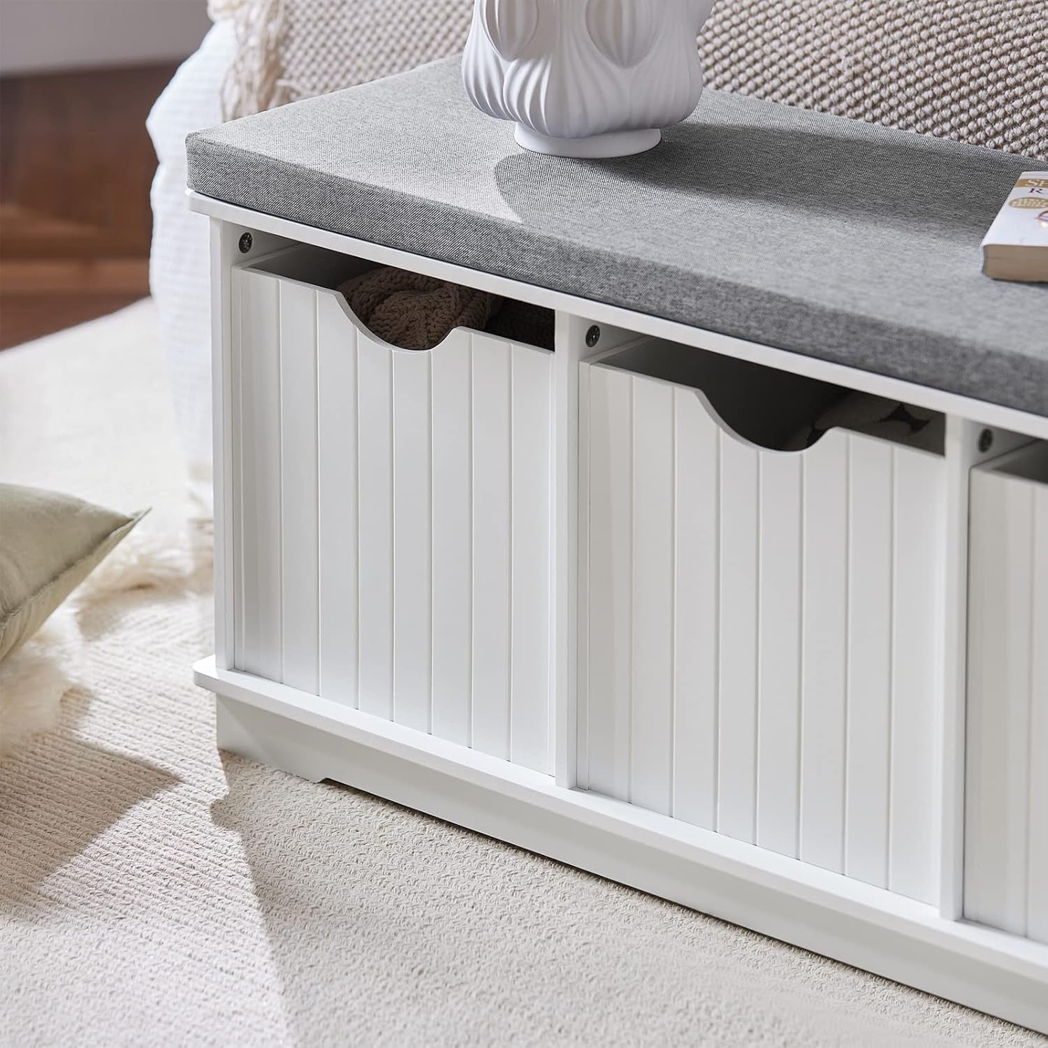 Hallway Shoe Storage Bench with 3 Drawers & Removable Cushion, White