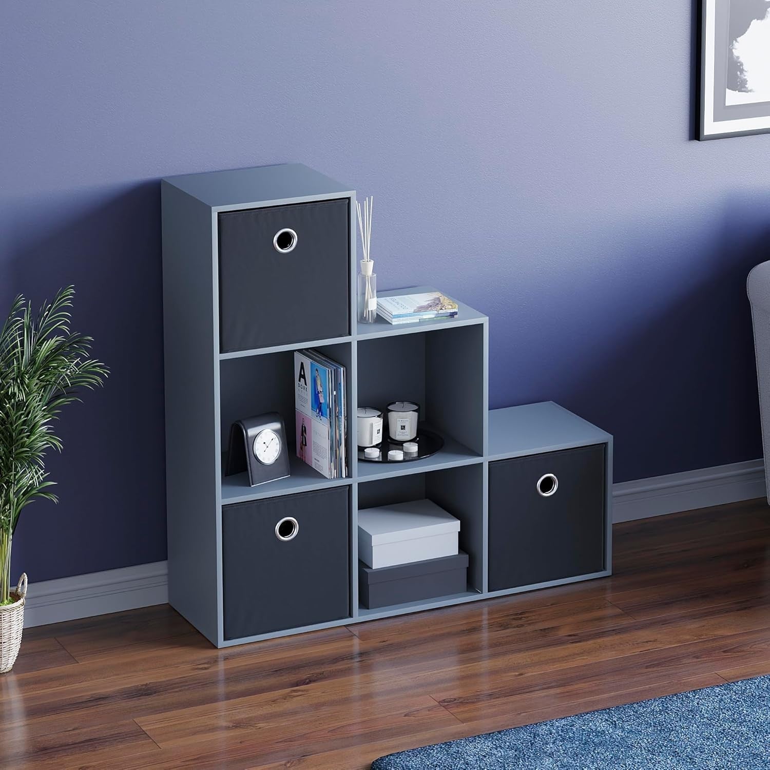 6 Cube Grey Staircase Storage Shelf with 3 Black Baskets – Modern Organiser