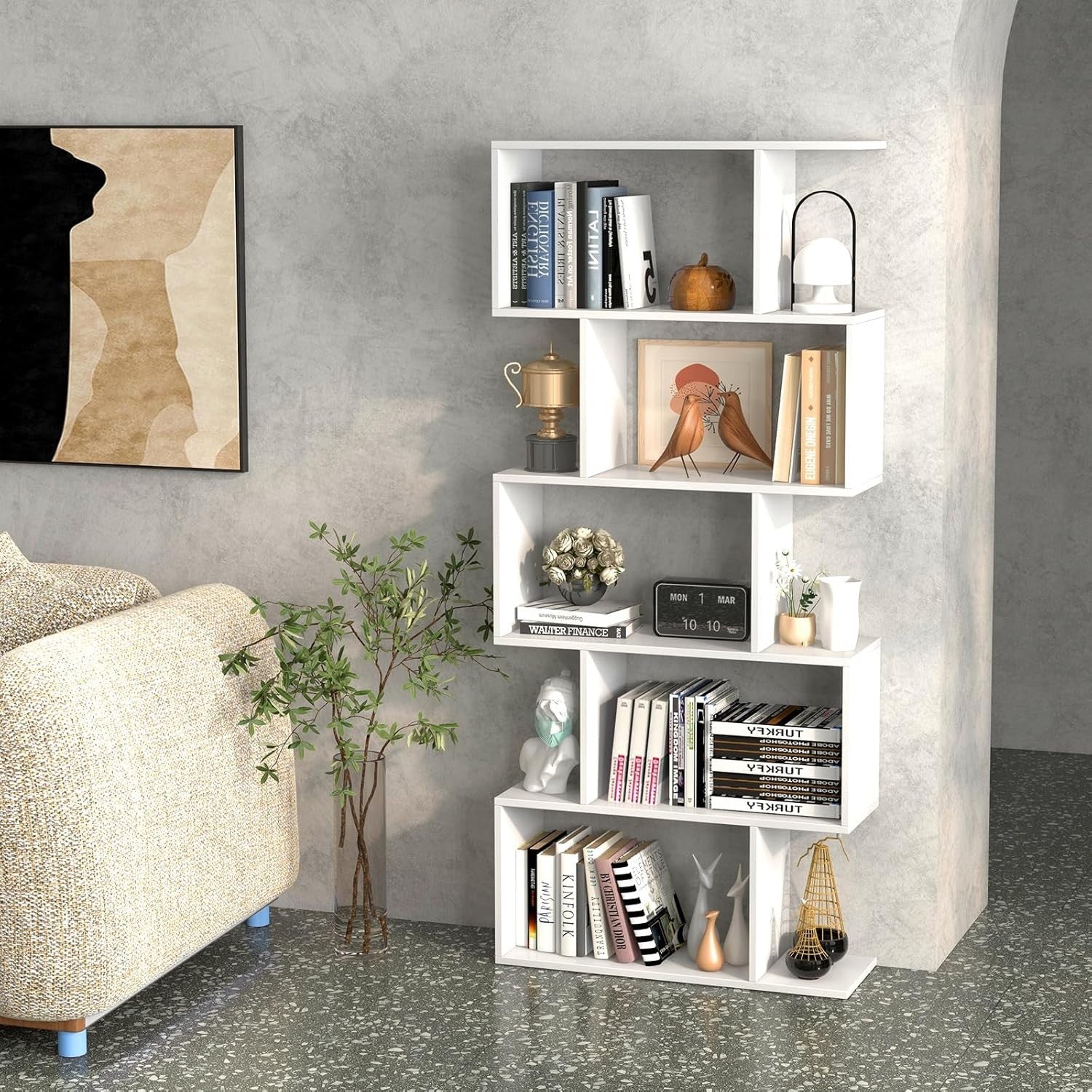 S Shaped 5 Tier Wooden Bookcase Freestanding Display Storage Shelf White
