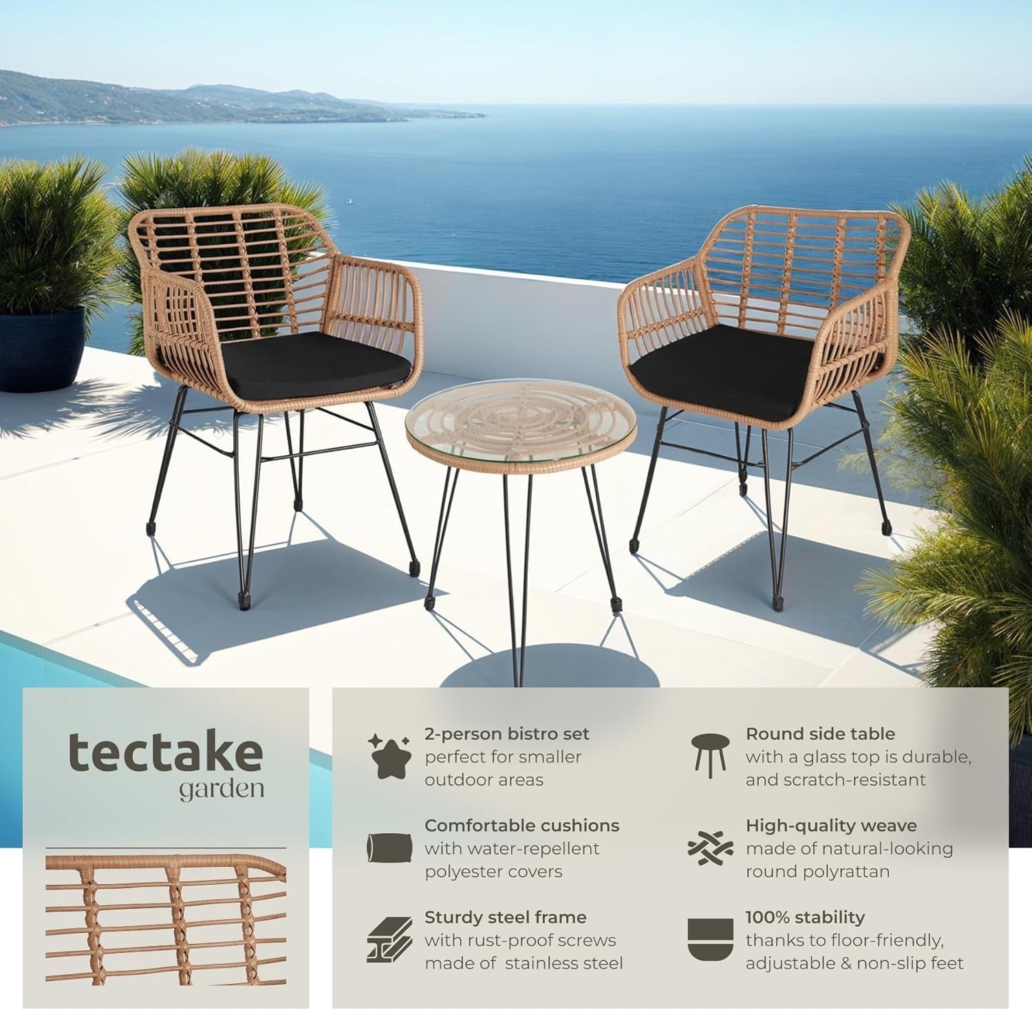 Rattan Bistro Set 2 Seater Garden Chairs Glass Table Balcony Patio Furniture