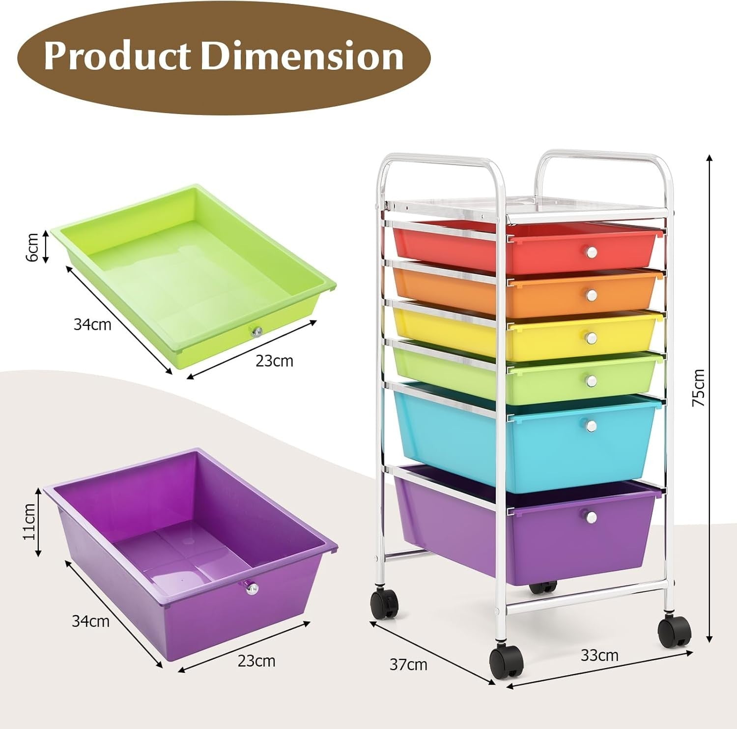 Multicolor 6 Drawer Mobile Storage Trolley Rolling Utility Organizer Cart