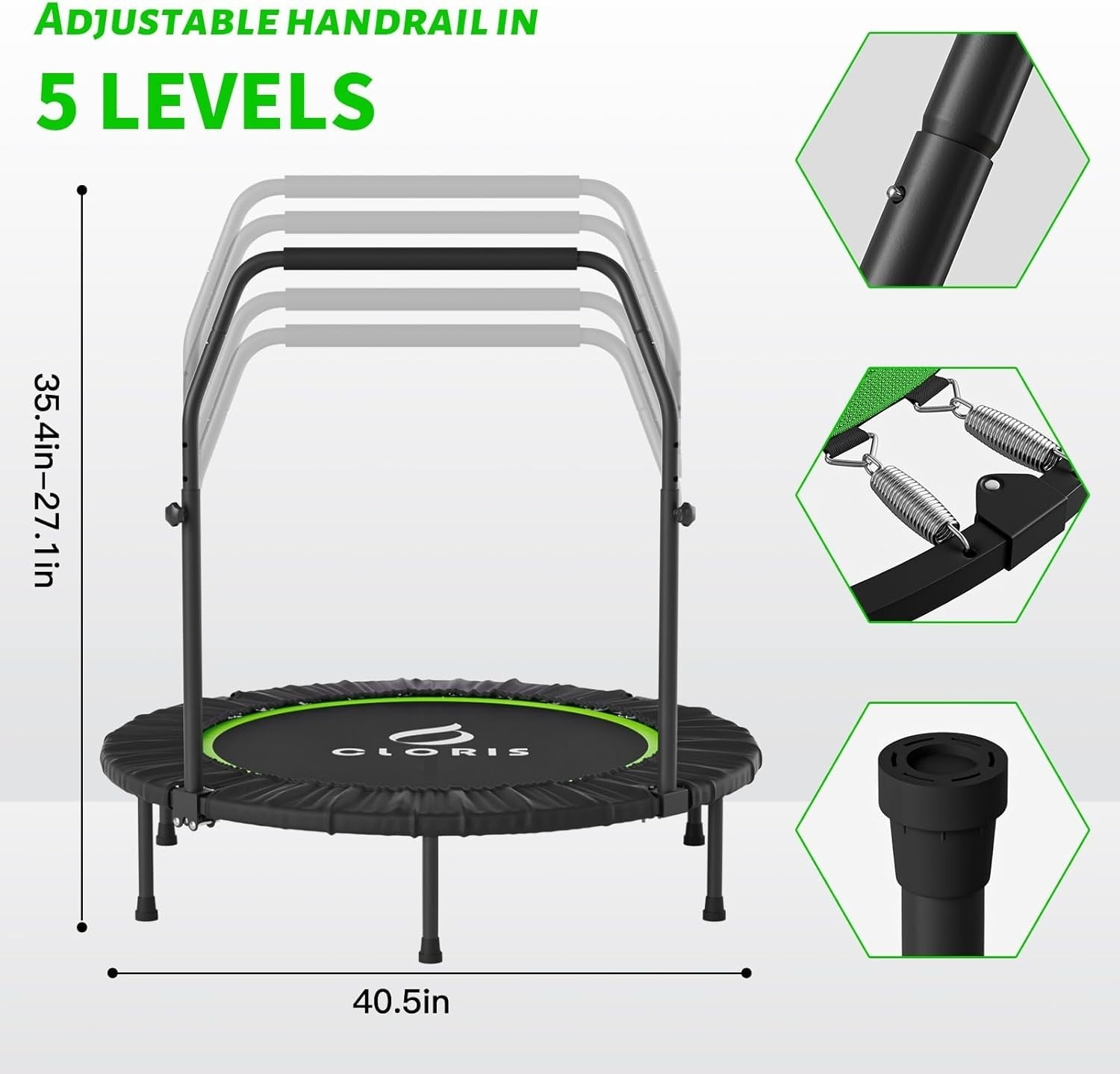 40” Foldable Fitness Trampoline Indoor Rebounder Adjustable Handle 400lbs