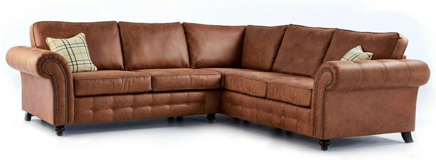 Luxury Brown L-Shaped Corner Sofa 5 Seater Faux Leather High Back Suite