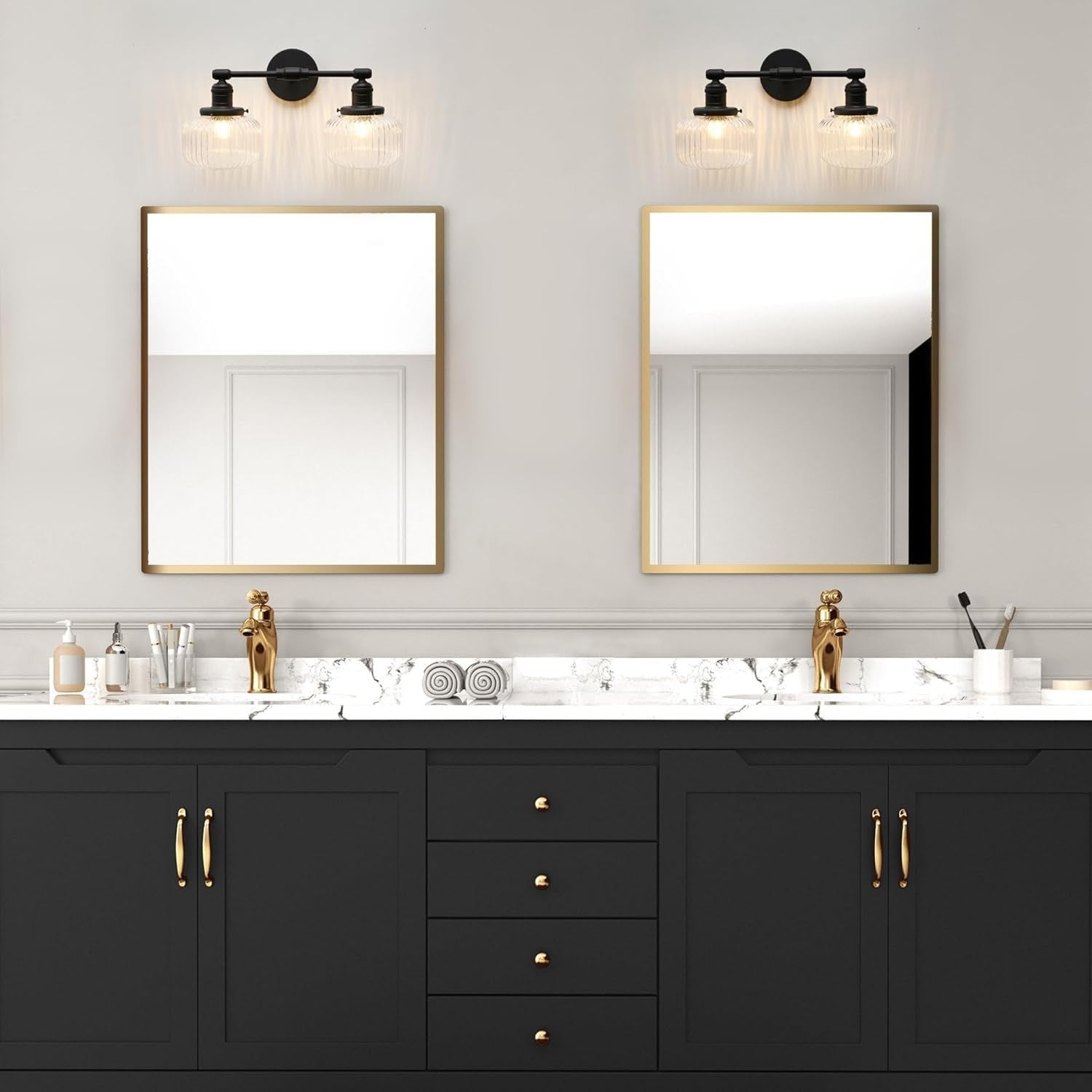 Industrial 2-Light Black Glass Wall Sconce | Vintage Bathroom Vanity Light