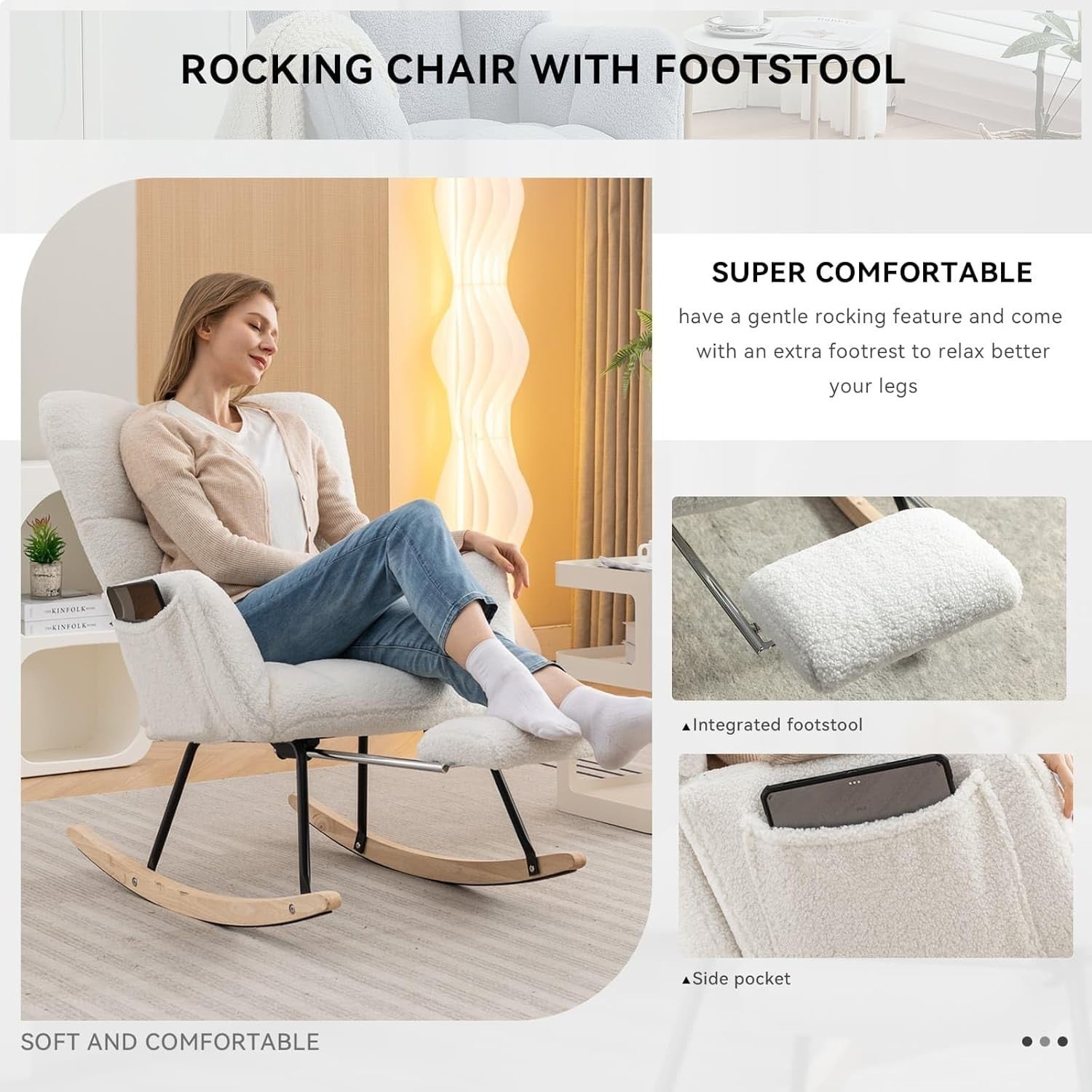 Ergonomic Nursing Rocking Chair with Footstool | Cozy Teddy Fabric, Durable Fram