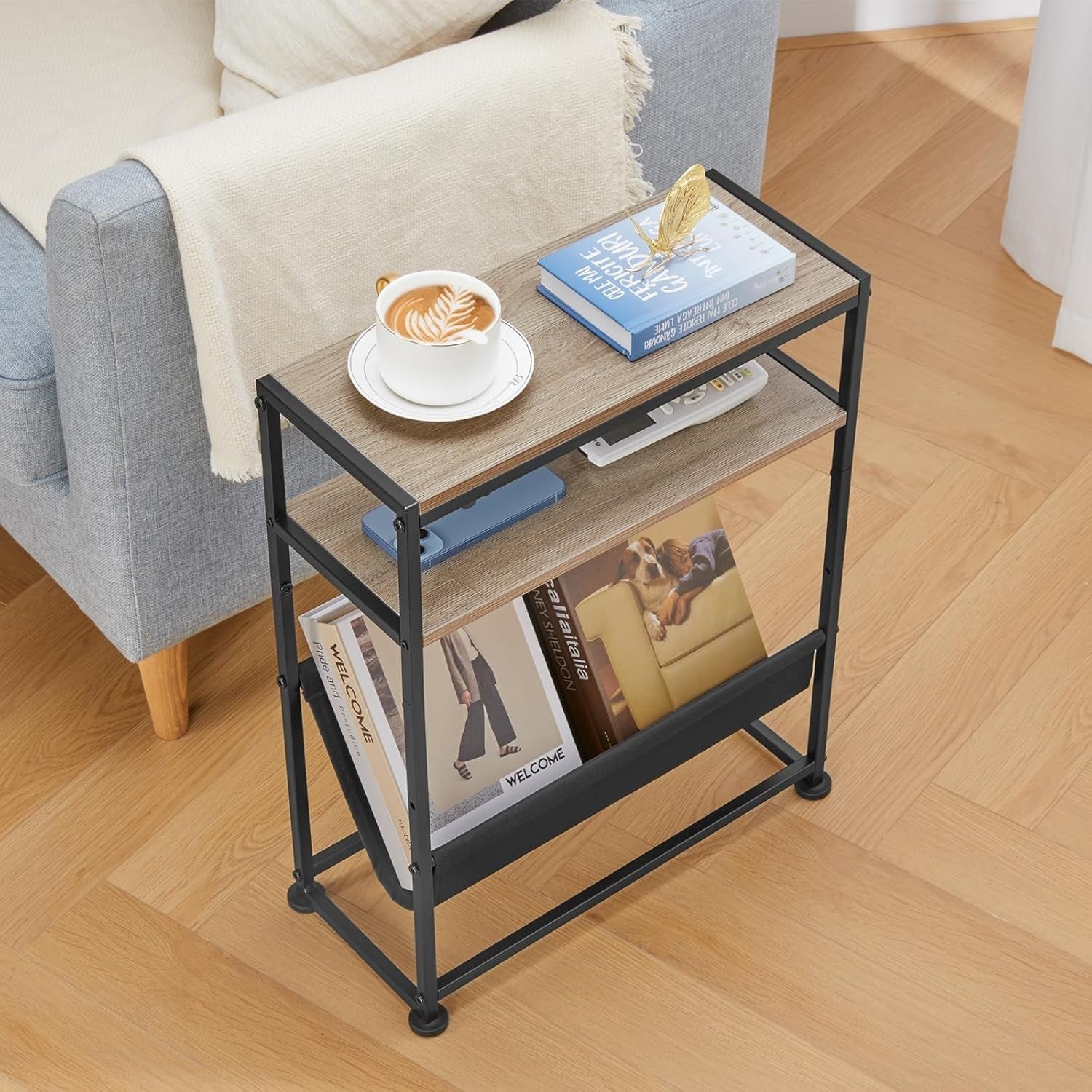 Slim Oak Side Table with Storage – Narrow Sofa End Table + Magazine Rack