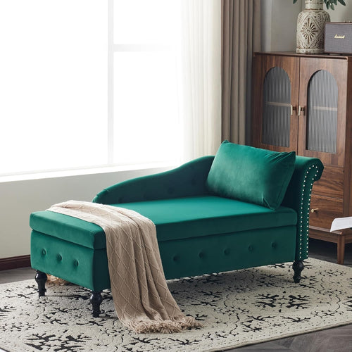 Velvet Chaise Lounge with Storage | Green Sofa Chair | Right Arm | 144cm